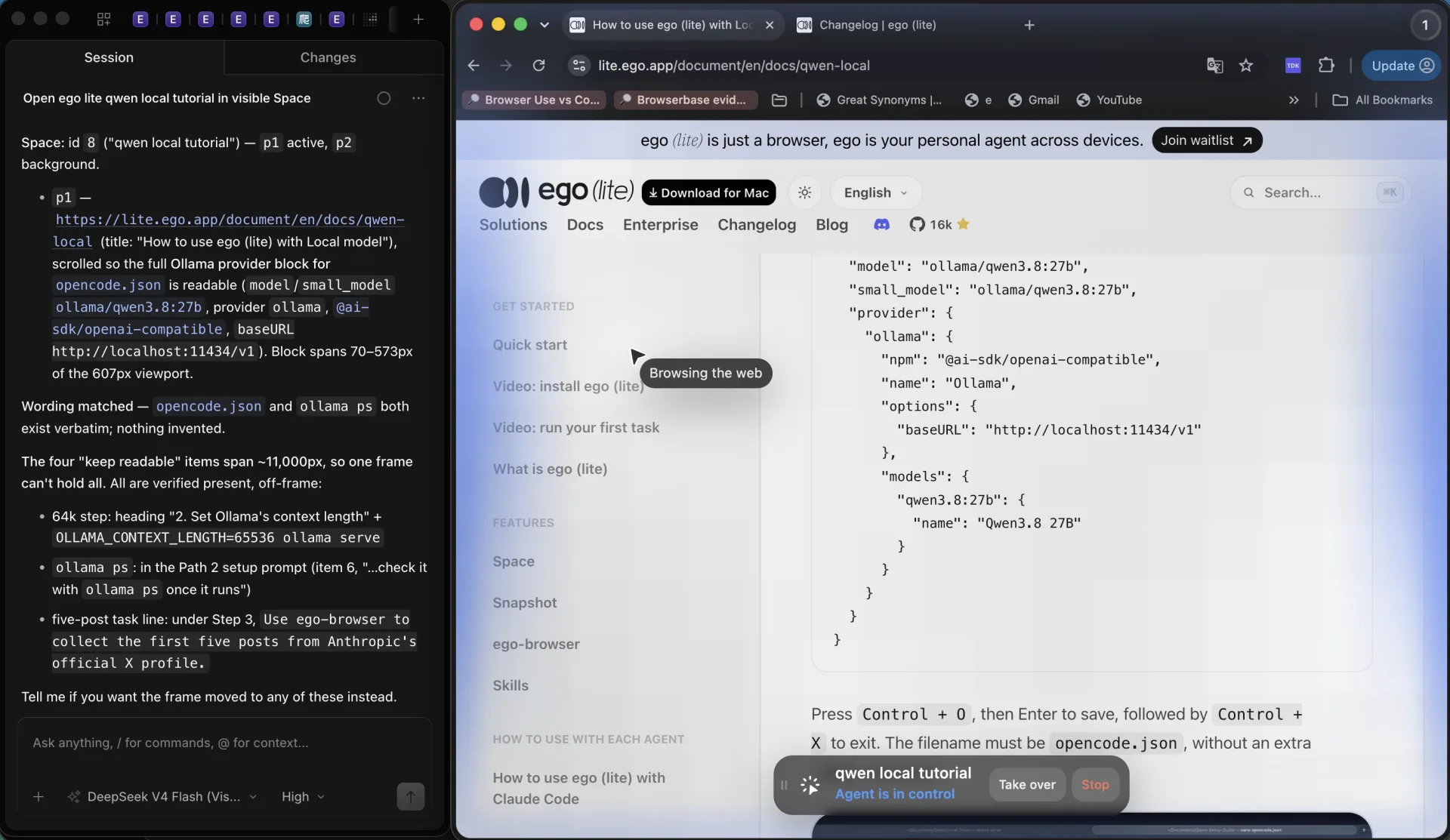 OpenCode beside an ego (lite) Space on the official qwen-local tutorial, showing the Ollama provider block for opencode.json with model ollama/qwen3.8:27b, @ai-sdk/openai-compatible and baseURL http://localhost:11434/v1, with Agent is in control, Take over and Stop