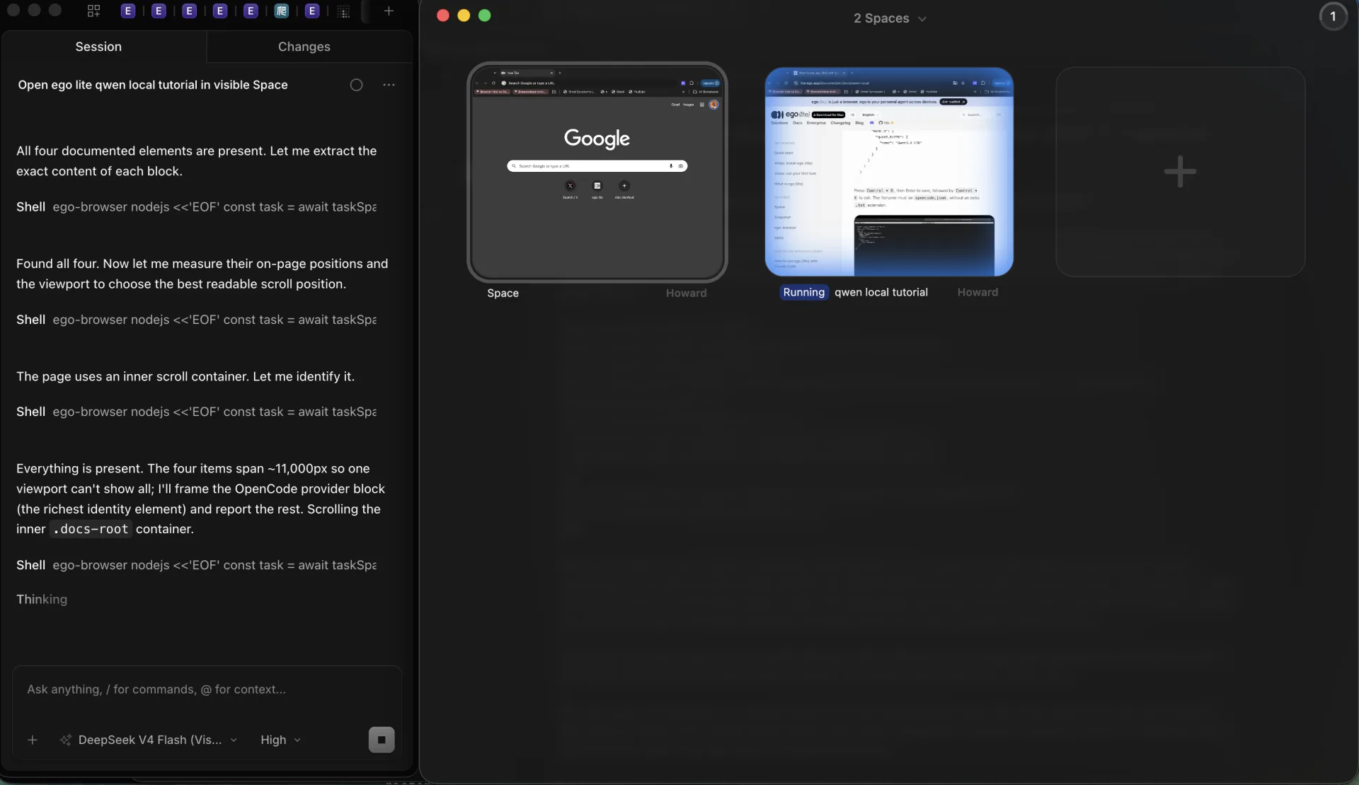 ego (lite) Spaces overview showing two Spaces side by side: a Google Space and a running Space on the qwen local tutorial, plus an empty slot for another Space