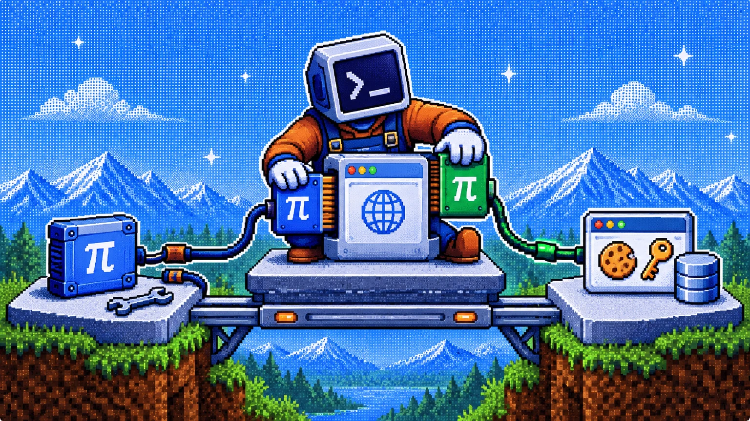 Pixel-art browser engineer connecting Pi package modules to a browser session with cookie and key icons