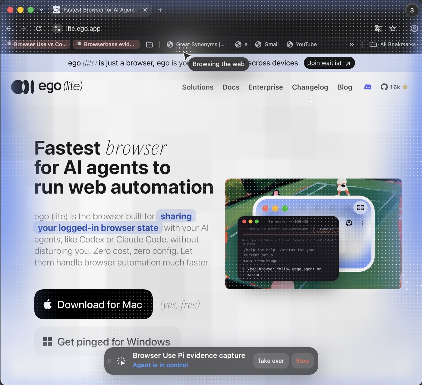 The ego (lite) official homepage inside an agent-controlled Space with blue activity waves and human takeover controls
