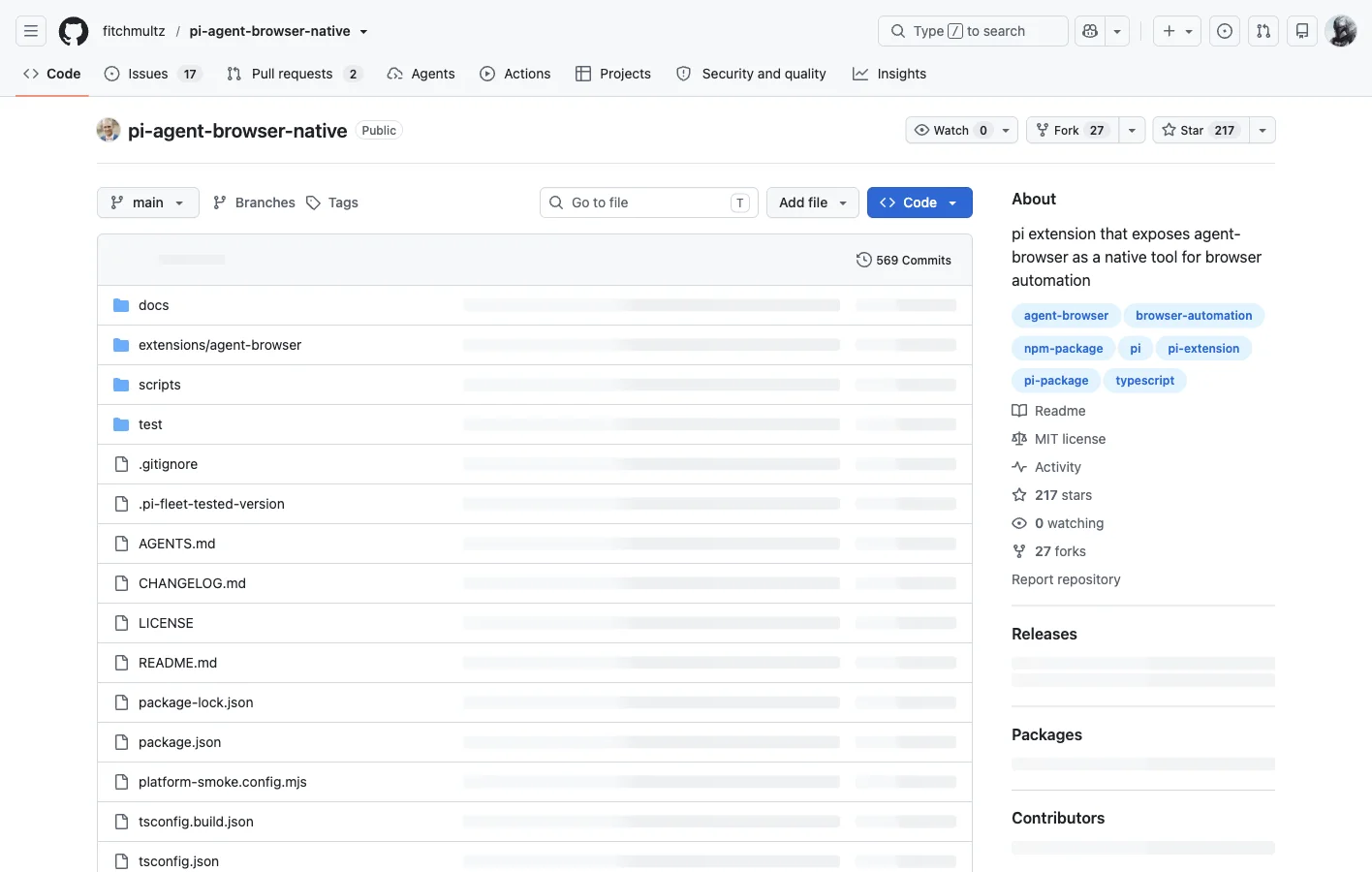 GitHub repository for pi-agent-browser-native showing commits, tags, issues, and project structure