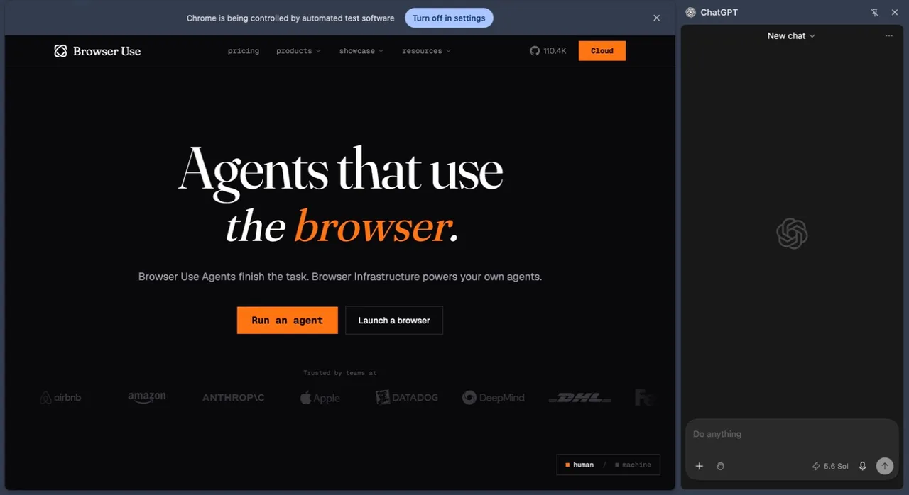 Codex for Chrome controlling the Browser Use homepage with the ChatGPT side panel visible