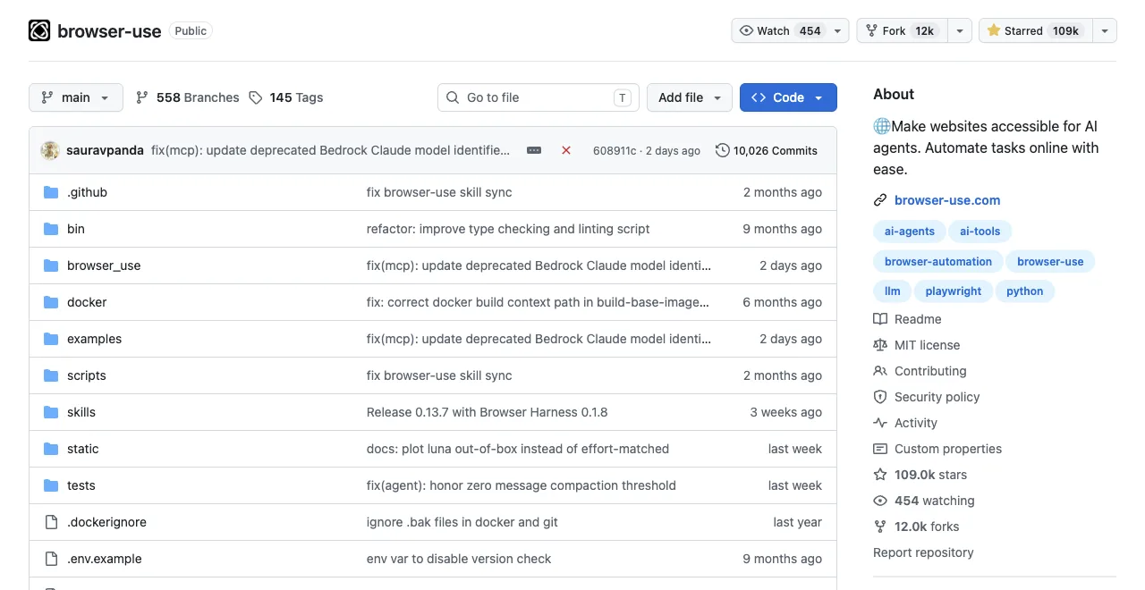 The browser-use GitHub repository, 109k stars, the flagship browser-native agent framework