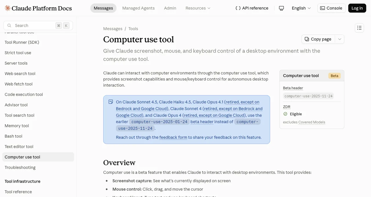 Anthropic's Computer use tool documentation page describing screenshot, mouse, and keyboard control of a desktop environment, marked Beta