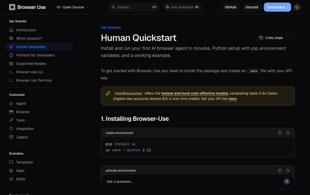 Browser Use official Human Quickstart heading at native pixels