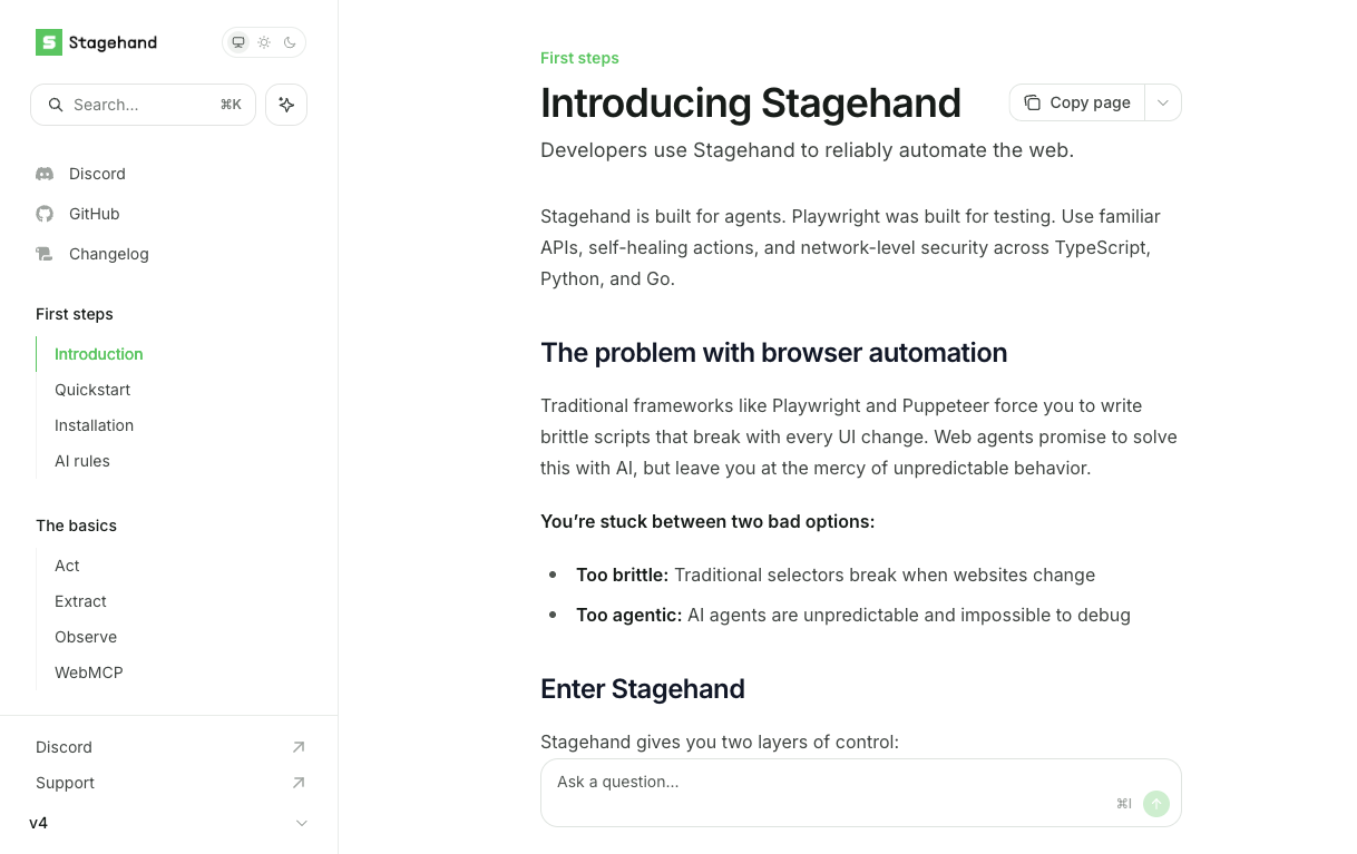 Native-pixel Stagehand v4 documentation sentence saying Stagehand is built for agents