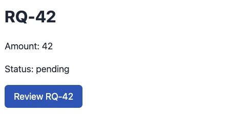 Corrected N01 local synthetic RQ-42 detail before Review, showing amount 42 and pending status