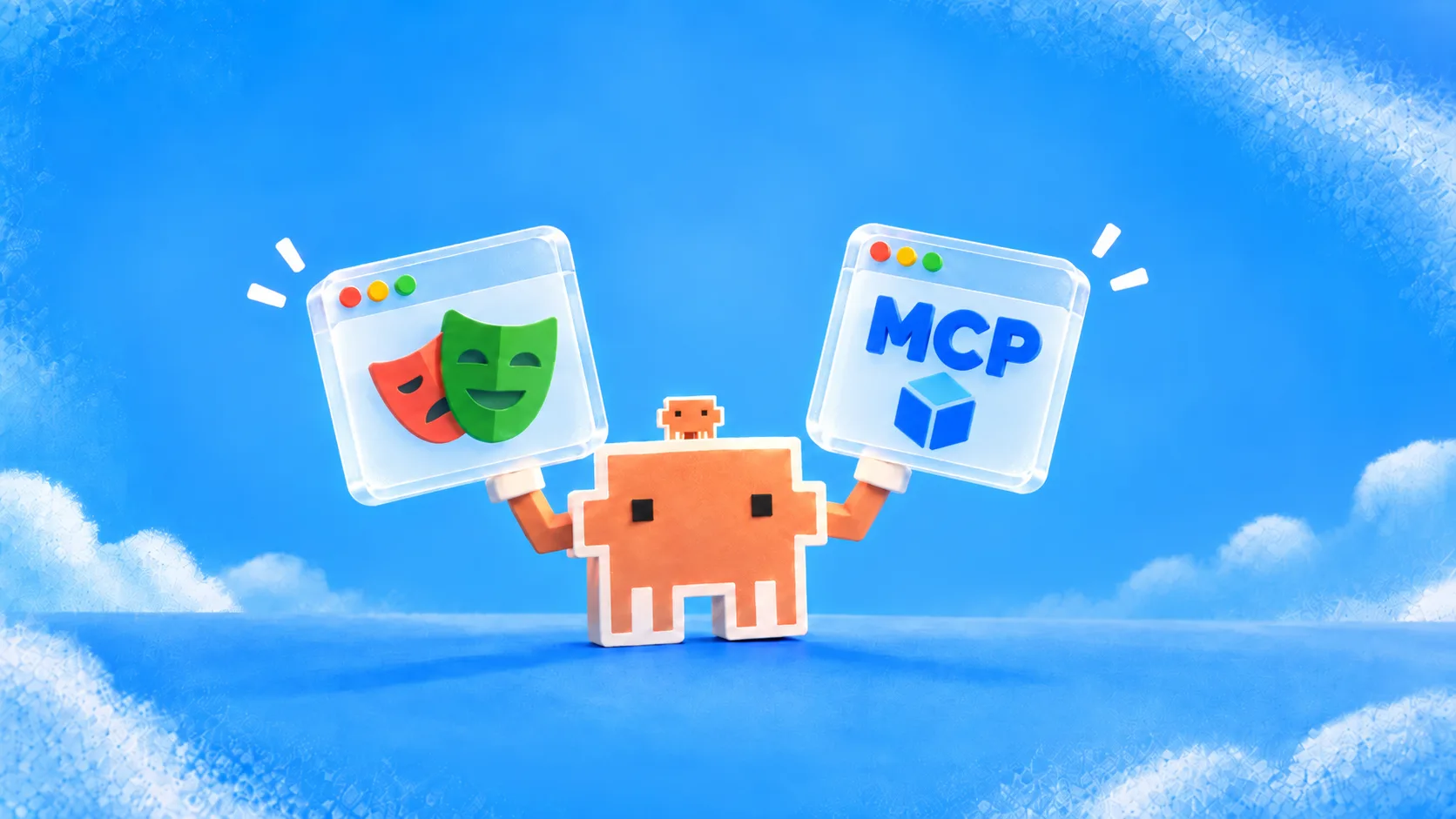 An agent holding up two browser windows, one showing the MCP cube logo and the other the red and green masks of automation