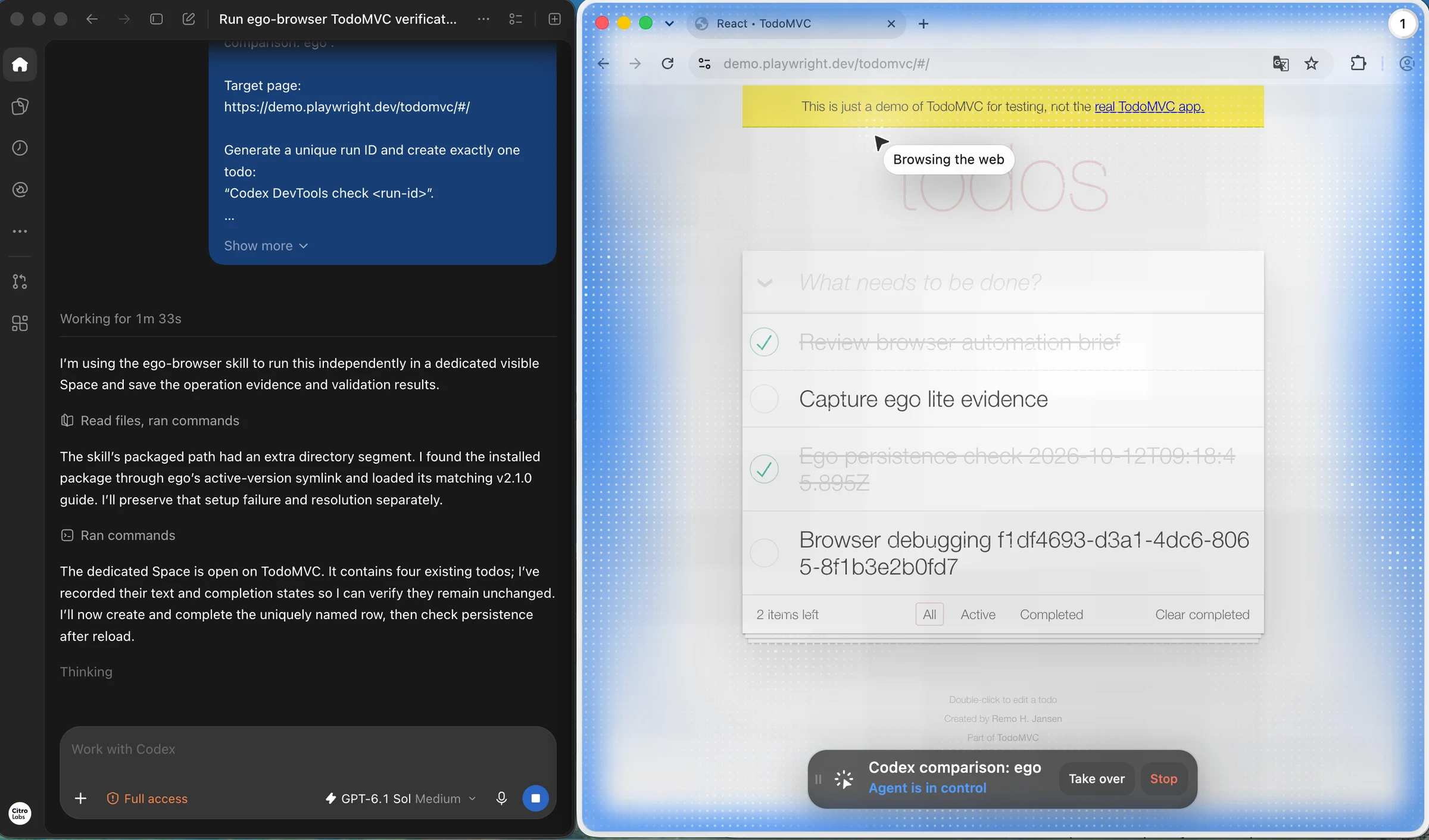 Codex conversation beside the live ego lite Space with TodoMVC and native takeover and stop controls
