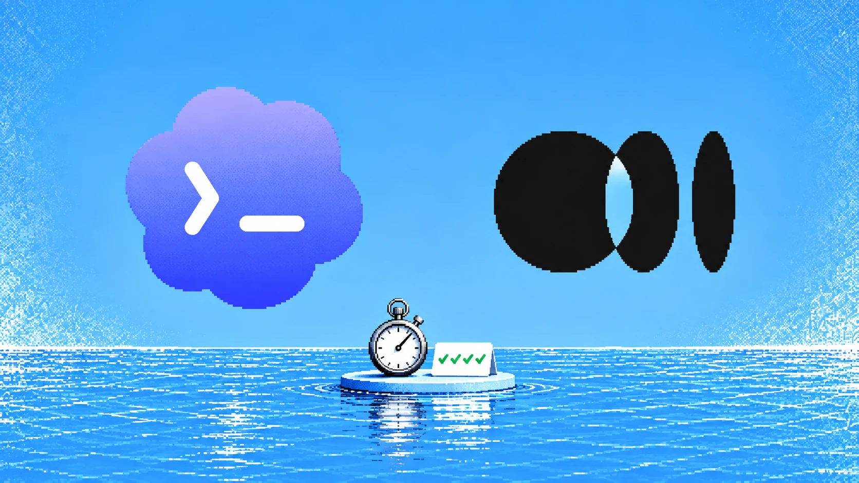 Codex and ego (lite) icons above a blue ocean with a benchmark stopwatch and test checklist