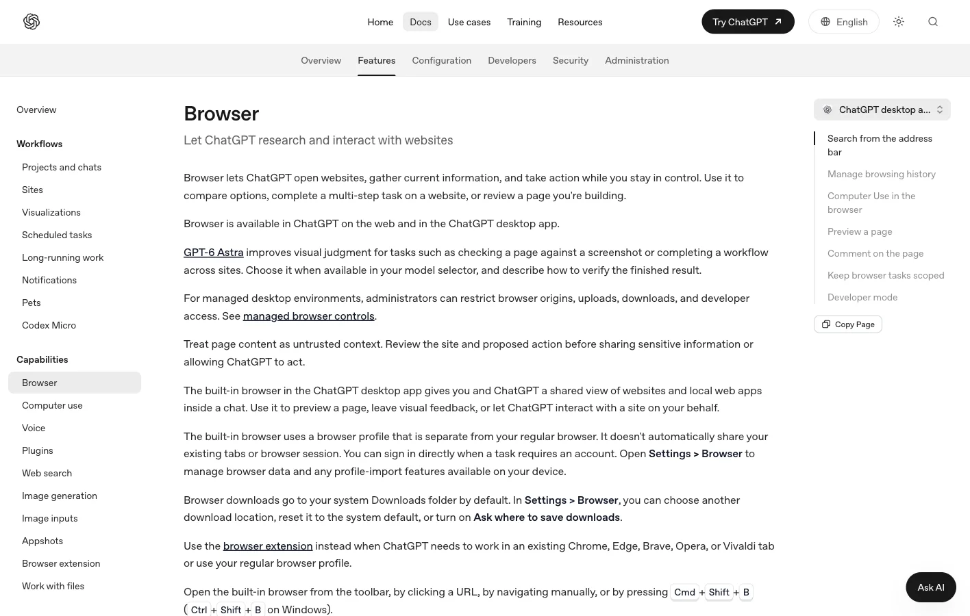 OpenAI Browser documentation describing the separate profile and browser extension