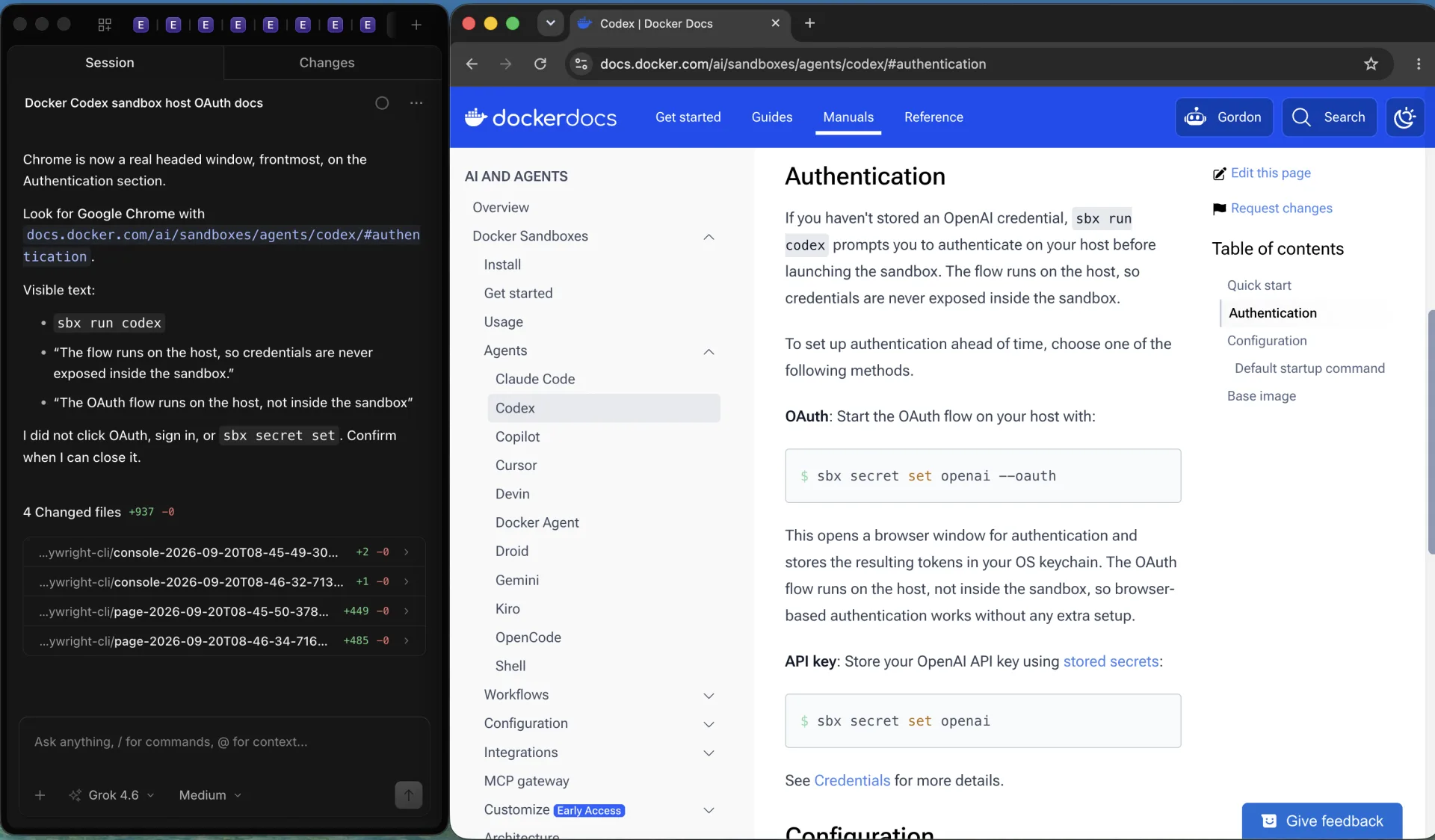 Official Docker Codex sandbox docs showing sbx run codex authenticates on the host so credentials stay out of the sandbox