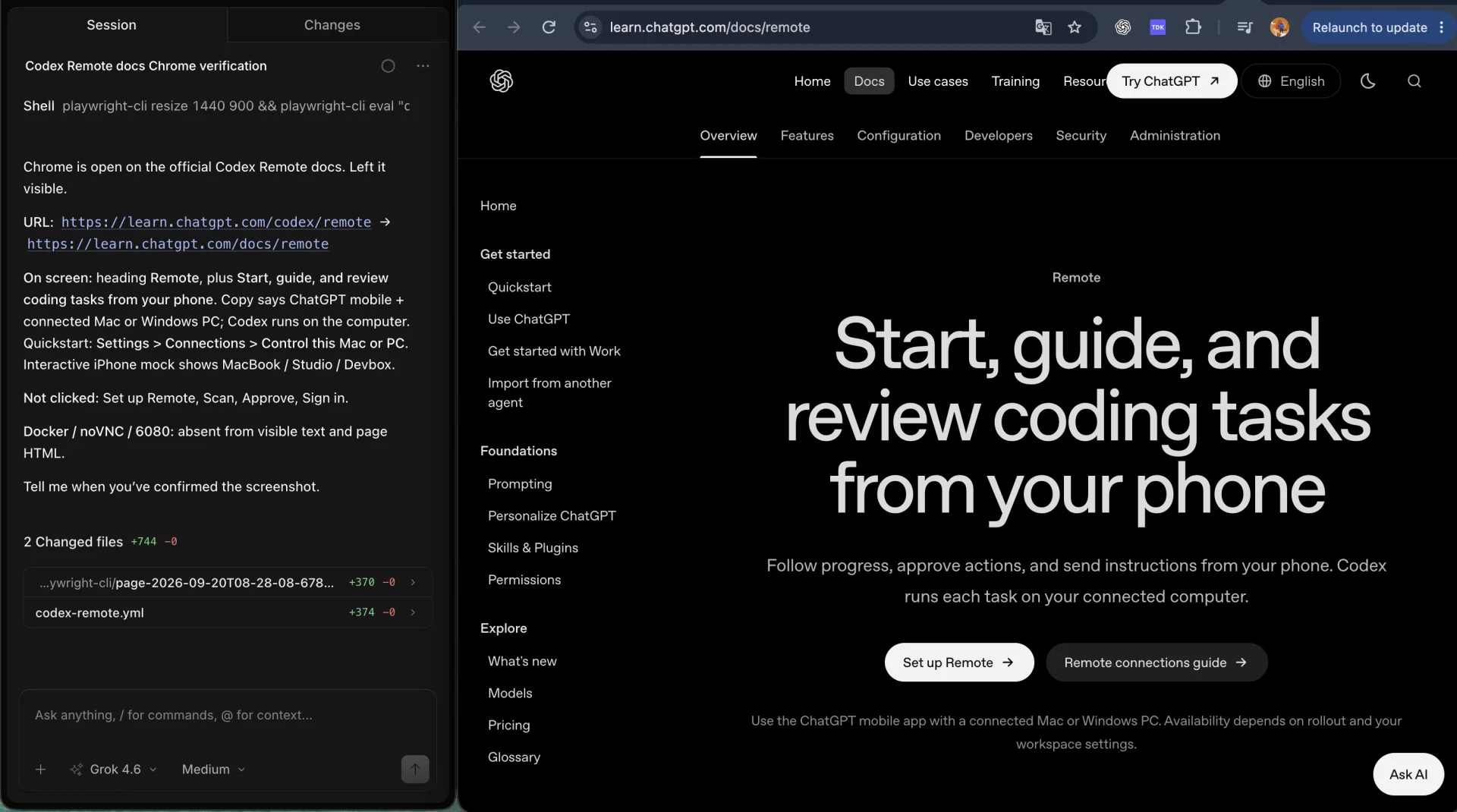 Official Codex Remote docs: start, guide, and review coding tasks from your phone on a connected Mac or Windows PC