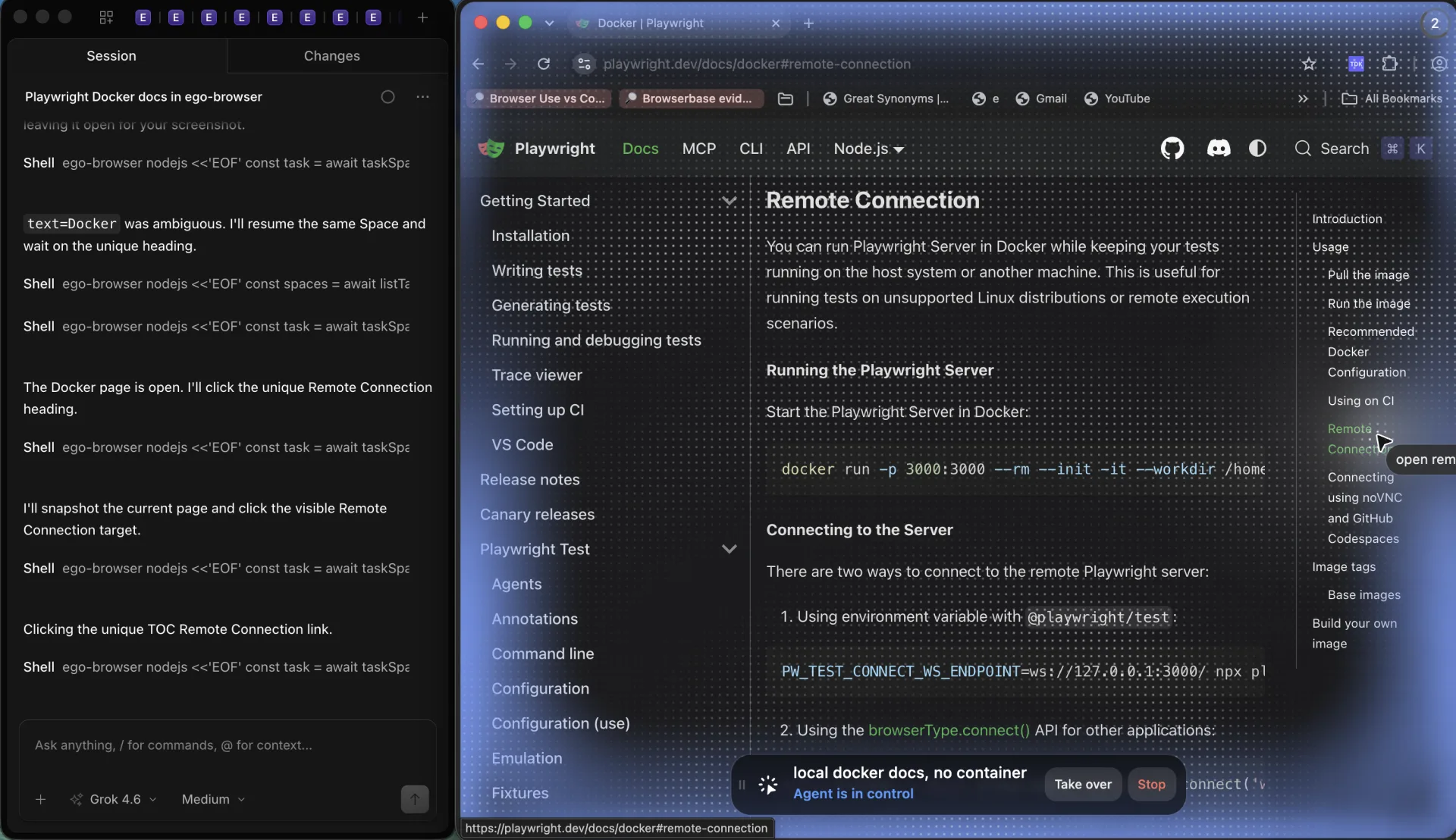 OpenCode beside an ego (lite) Space on playwright.dev/docs/docker with Agent is in control, Take over, and Stop
