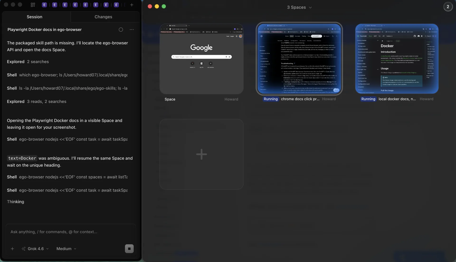 OpenCode beside ego (lite) showing 3 Spaces, two marked Running: chrome docs click proof and local docker docs