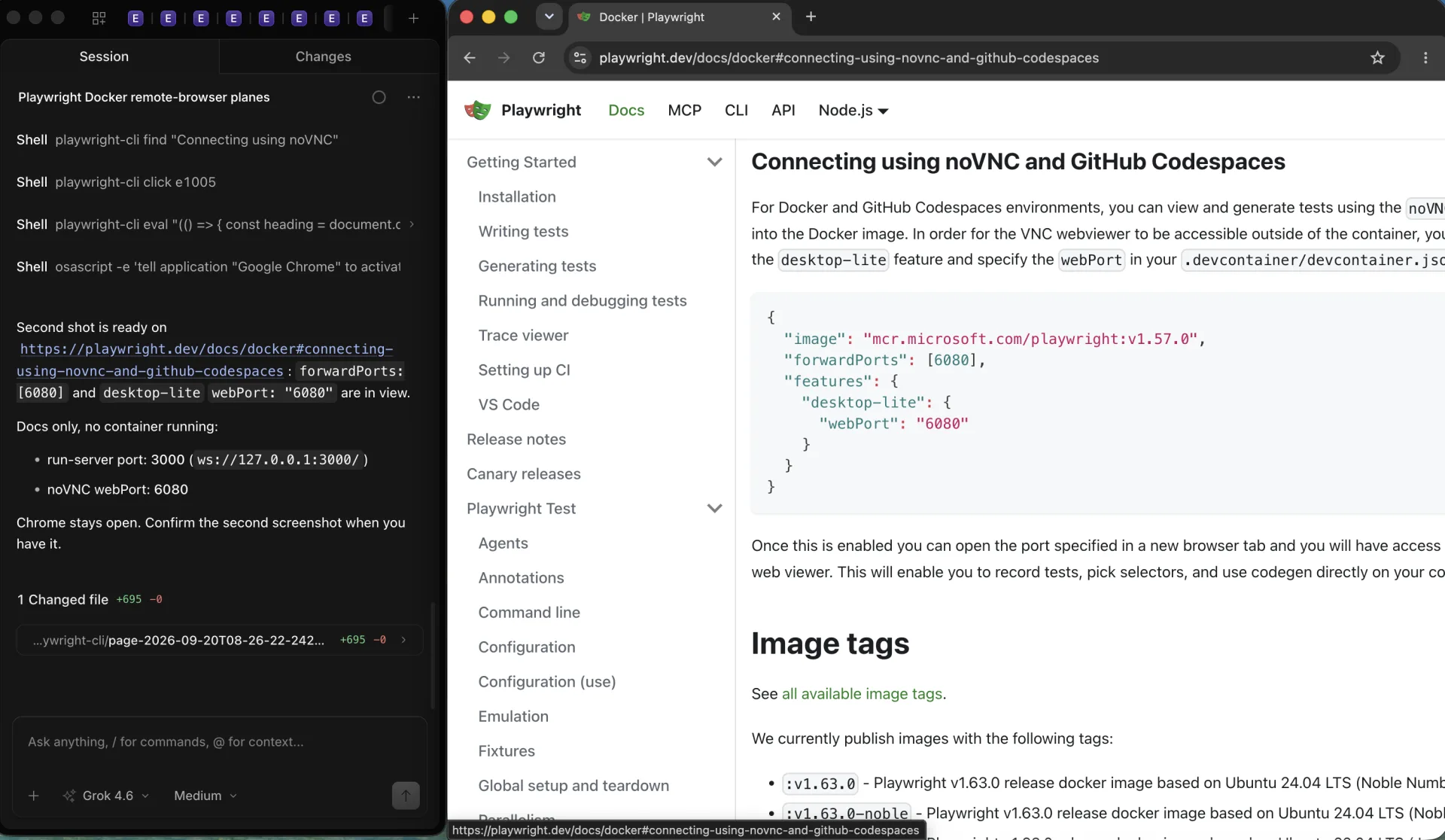 OpenCode beside official Playwright Docker noVNC docs showing forwardPorts 6080 and desktop-lite webPort 6080