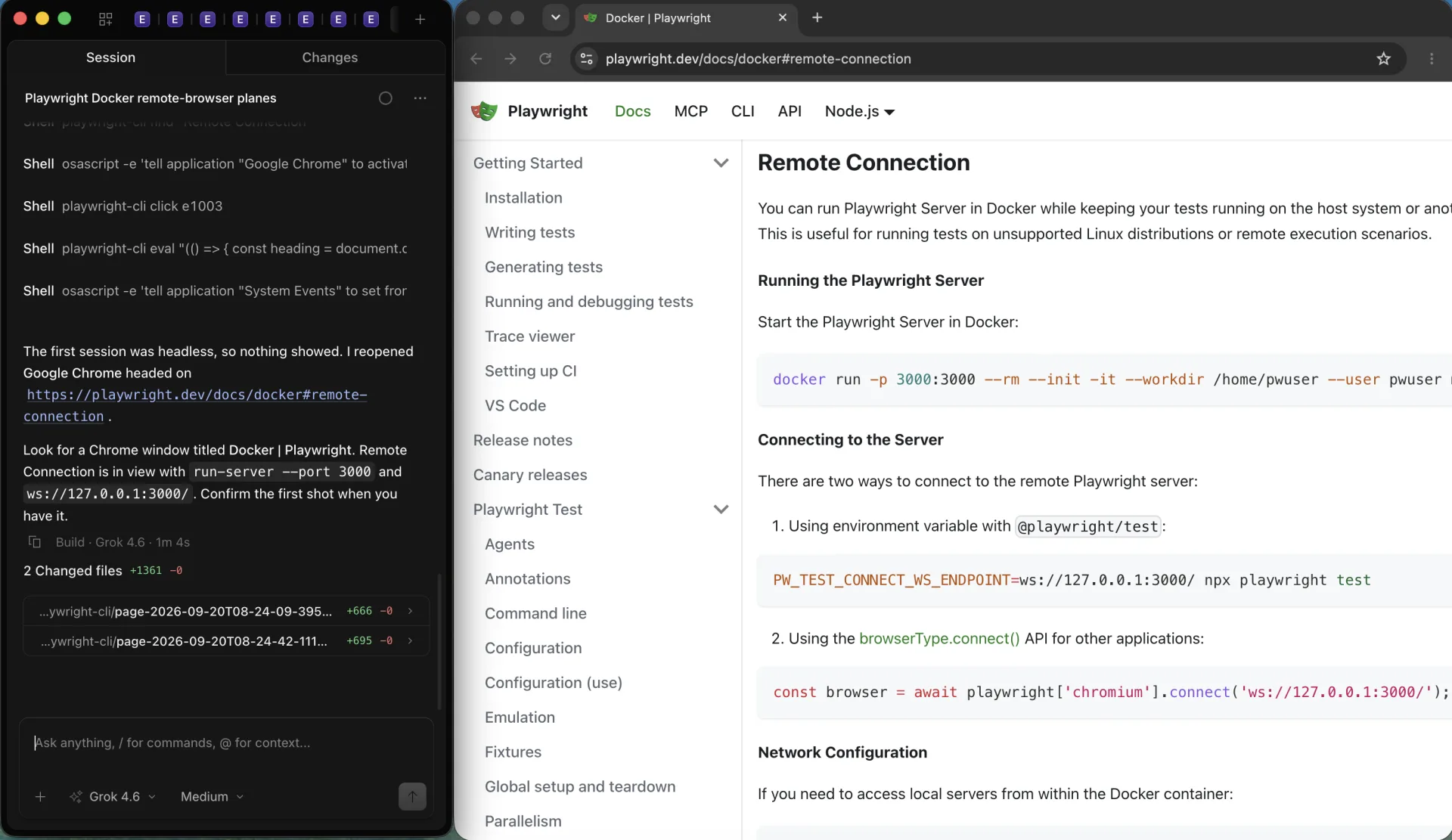 OpenCode beside official Playwright Docker Remote Connection docs showing docker run port 3000 and ws://127.0.0.1:3000/