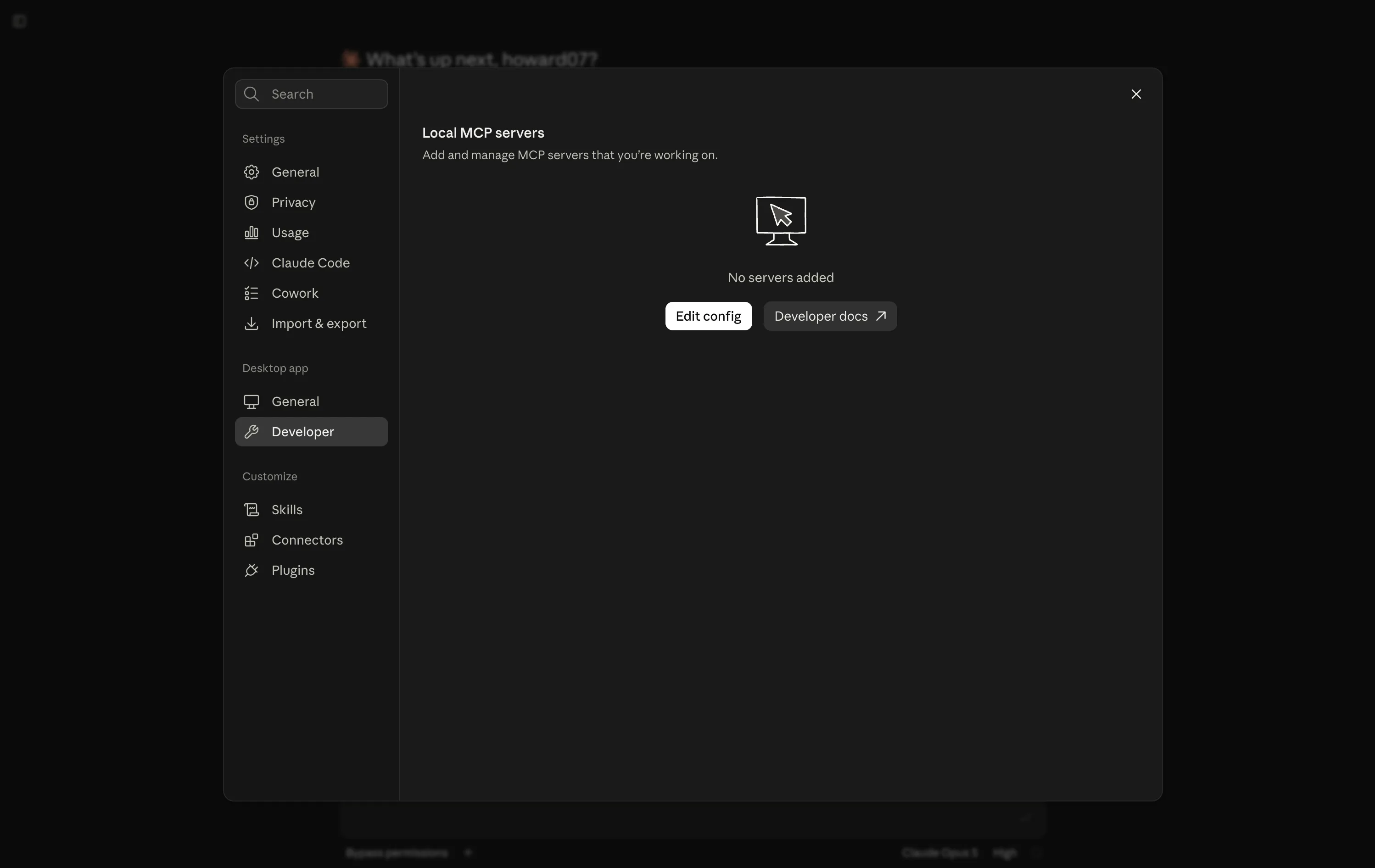 La finestra delle impostazioni di Claude Desktop con Developer selezionato nella barra laterale, che mostra il pannello Local MCP servers con un pulsante Edit config, un link alla documentazione Developer e lo stato vuoto No servers added.