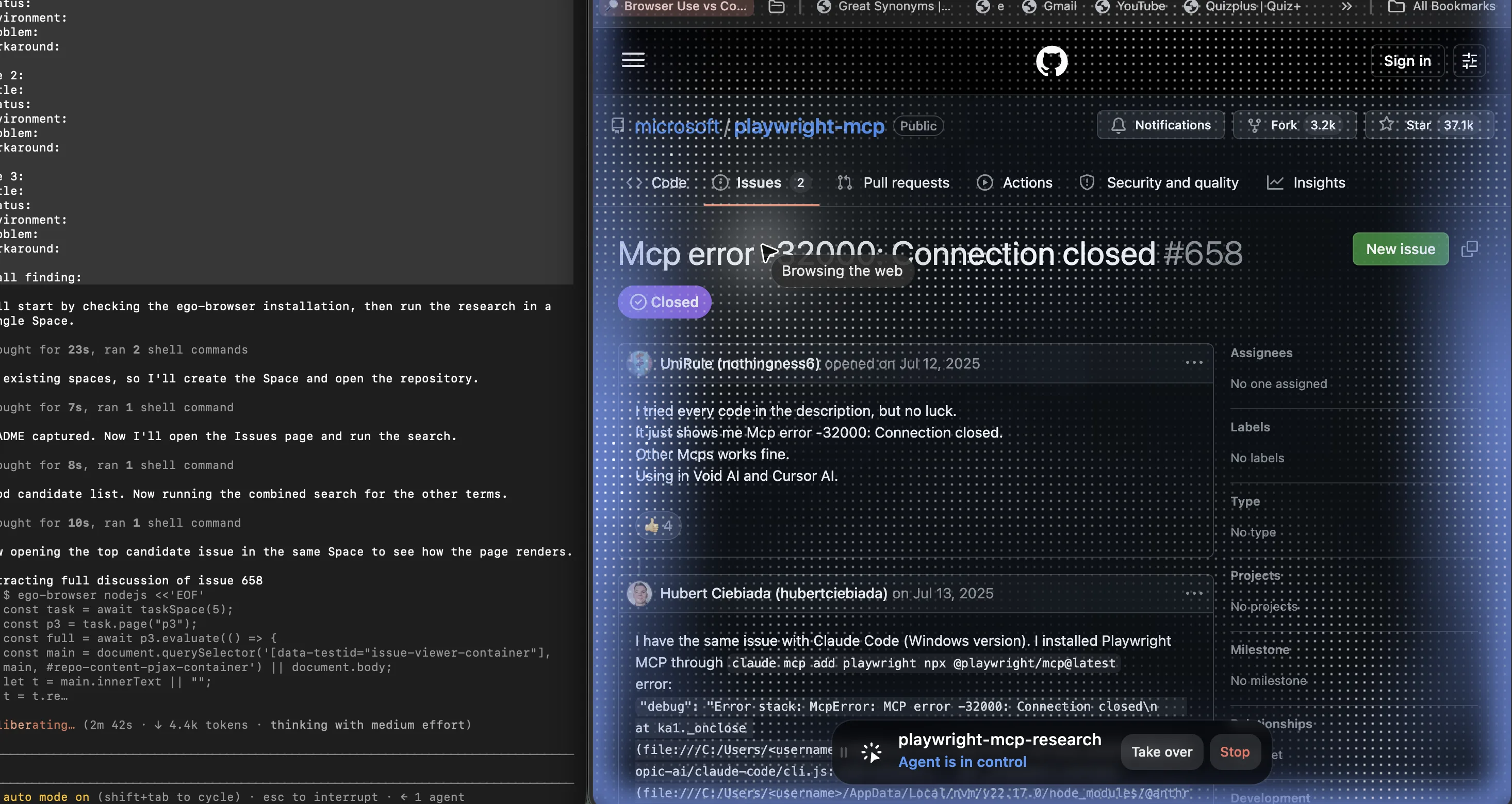 Una issue chiusa di GitHub intitolata MCP error -32000: Connection closed nel repository microsoft/playwright-mcp. Un segnalatore dice che ogni esempio di codice nella descrizione falliva e che altri server MCP funzionano bene; un secondo dice che lo stesso errore compare con Claude Code su Windows e mostra lo stack trace con l'errore MCP error -32000.
