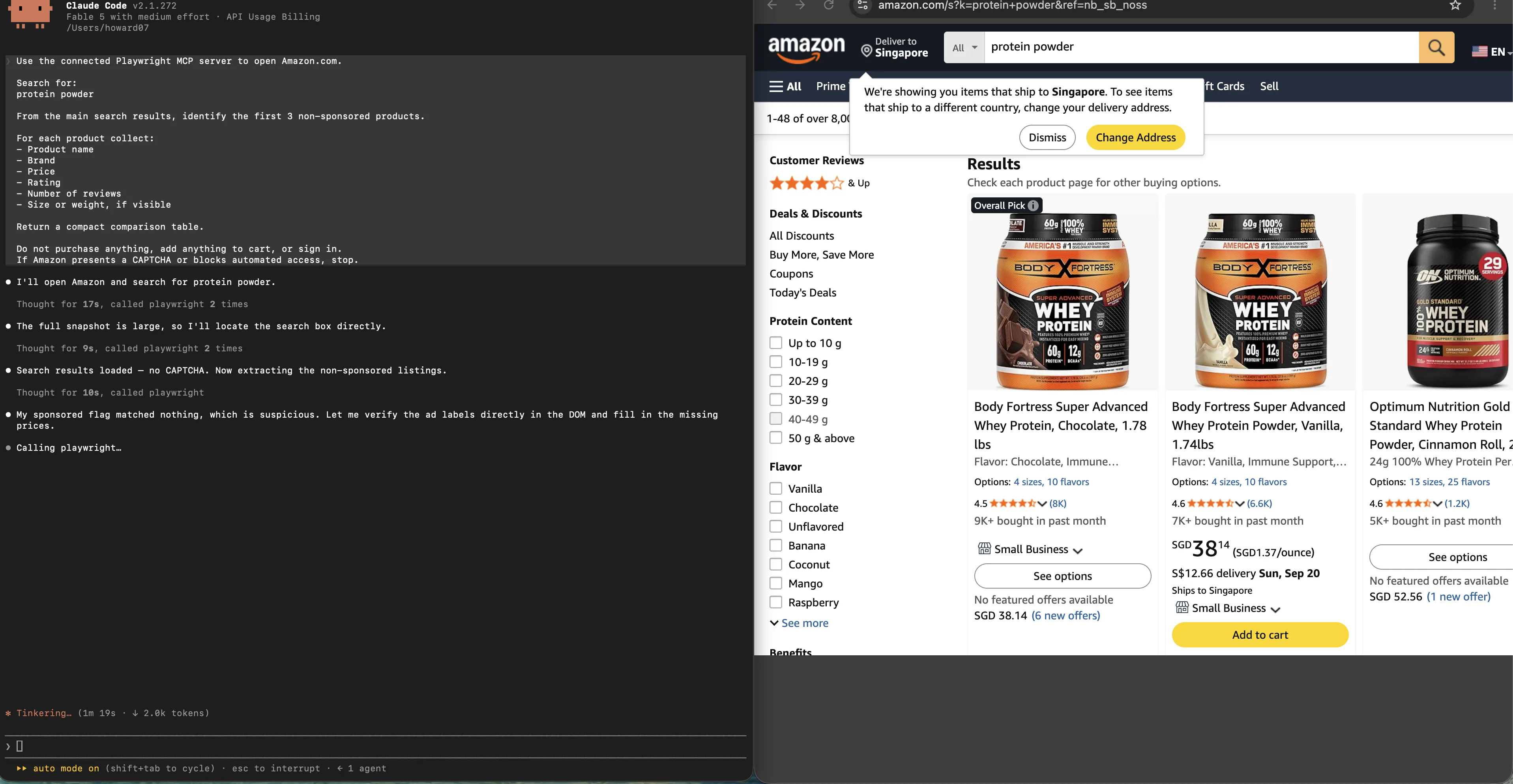 Un server MCP per il browser che guida una vera ricerca su Amazon di proteine in polvere. Il terminale a sinistra contiene un'attività che nomina il server connesso, chiede i primi tre prodotti non sponsorizzati e indica tre limiti in testo semplice: non acquistare né aggiungere nulla al carrello, non effettuare l'accesso e fermarsi se compare un CAPTCHA o un blocco per accesso automatizzato. Il browser a destra mostra la pagina dei risultati caricata.