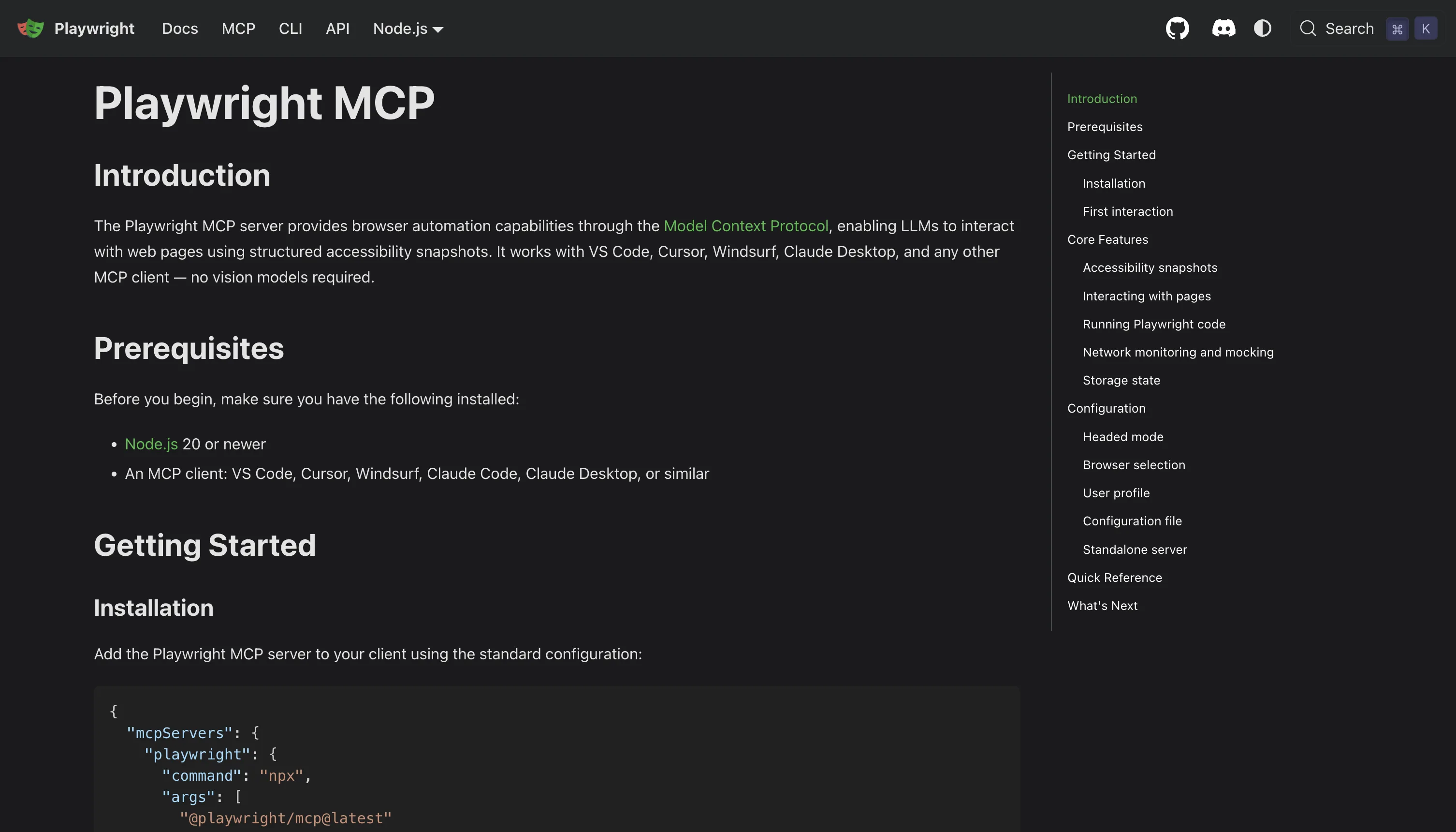 La pagina di documentazione di Playwright MCP, che mostra che il server parla il Model Context Protocol, che funziona con VS Code, Cursor, Windsurf, Claude Code e Claude Desktop come client, che richiede Node.js 20 o versione successiva e il suo frammento di installazione di una voce mcpServers che esegue npx @playwright/mcp@latest.