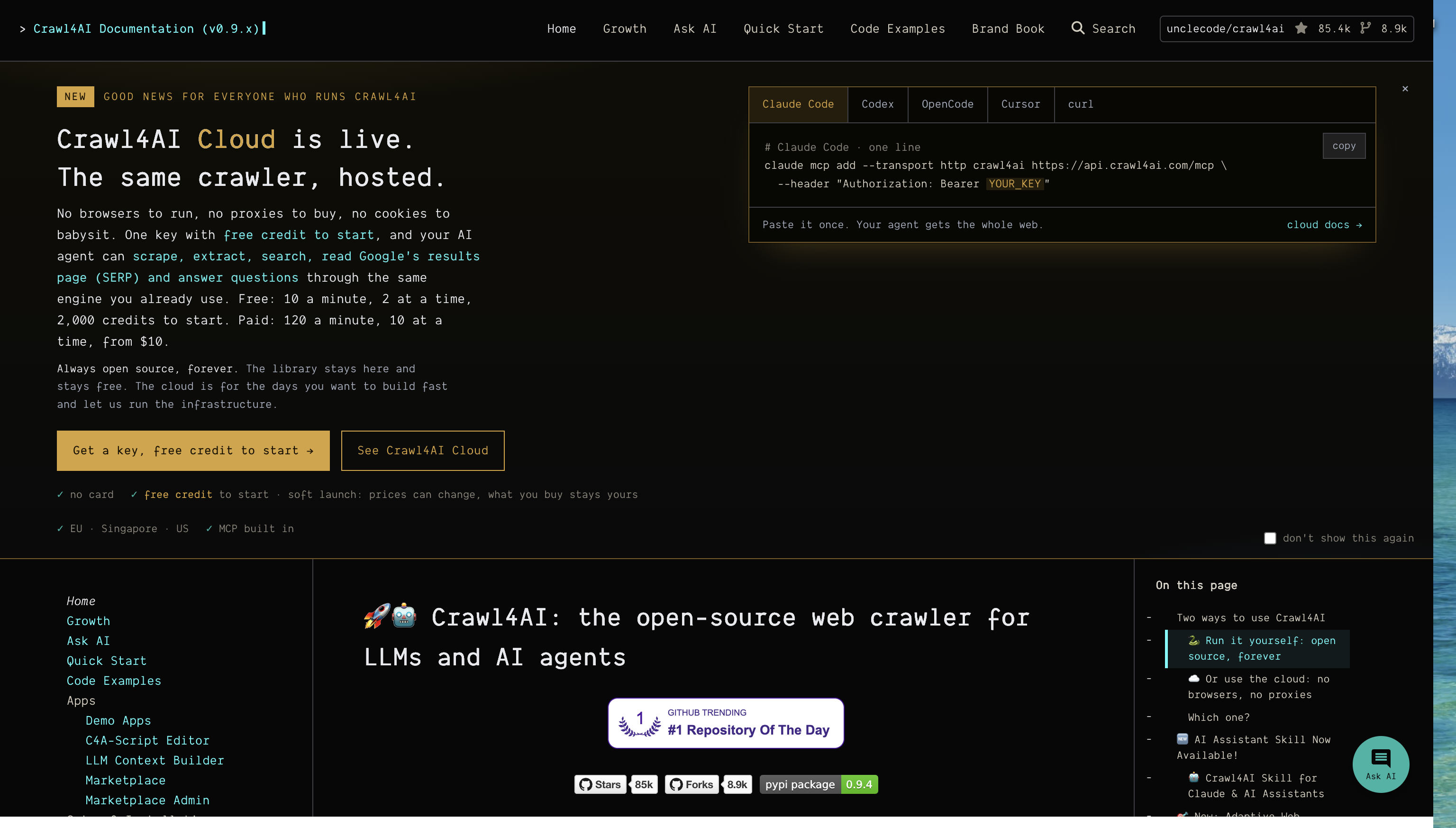 Crawl4AI documentation showing its Cloud offering alongside the open-source library