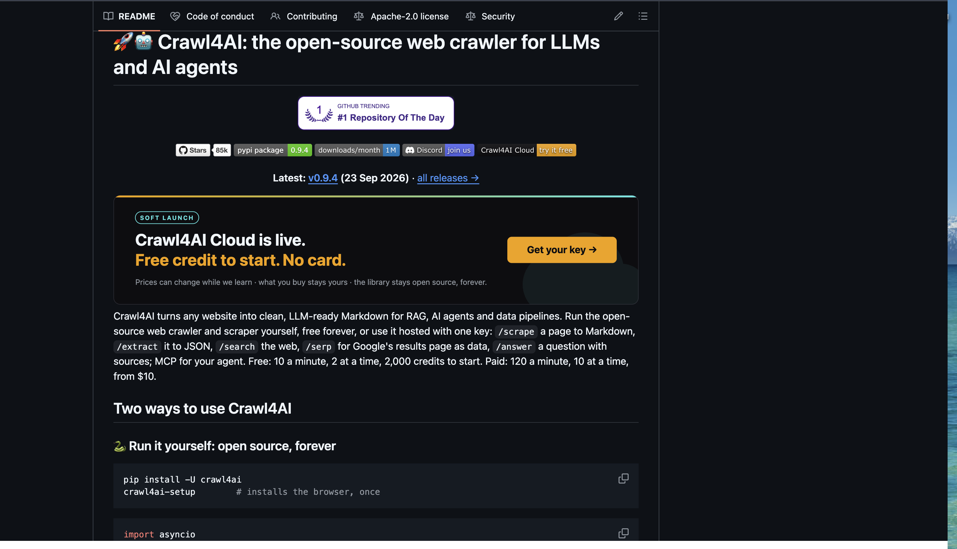 Crawl4AI repository README showing local Python installation and the separate Cloud offering