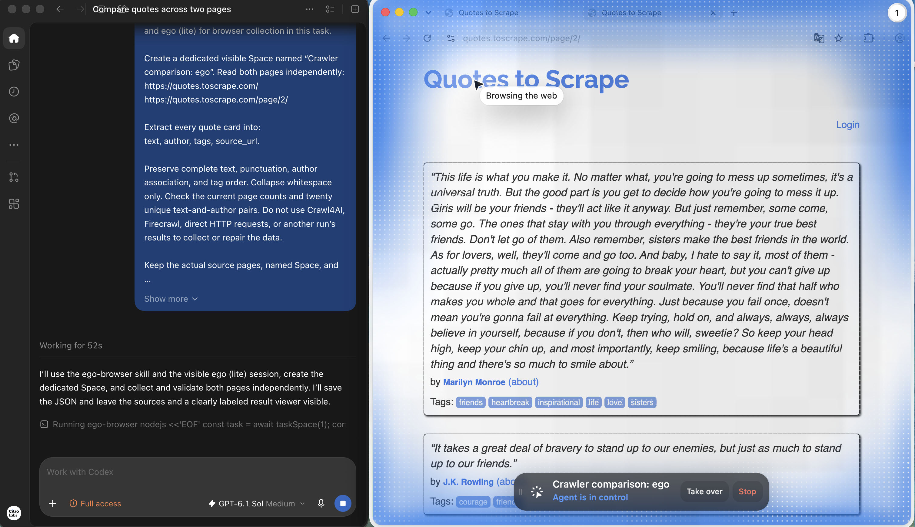 Codex beside the second Quotes to Scrape page with the long quote, author, tags and agent task controls