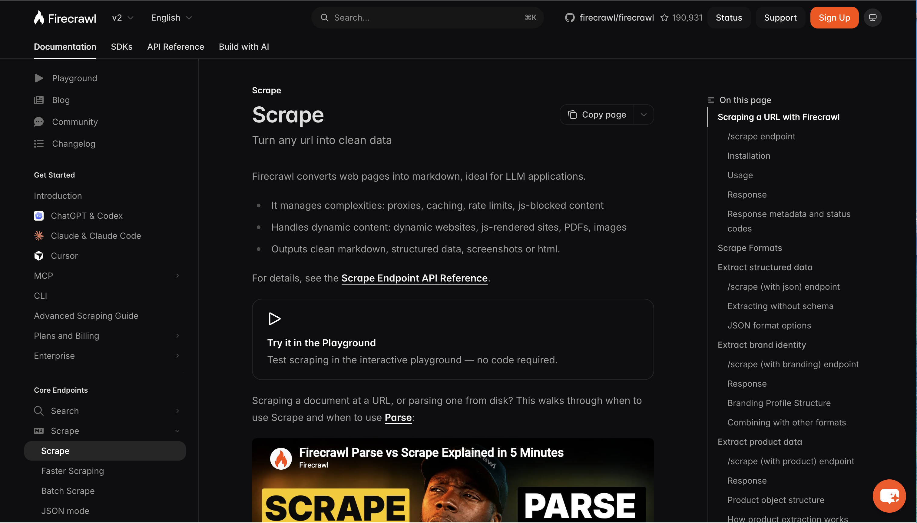 Firecrawl v2 Scrape documentation describing Markdown, structured data and HTML output