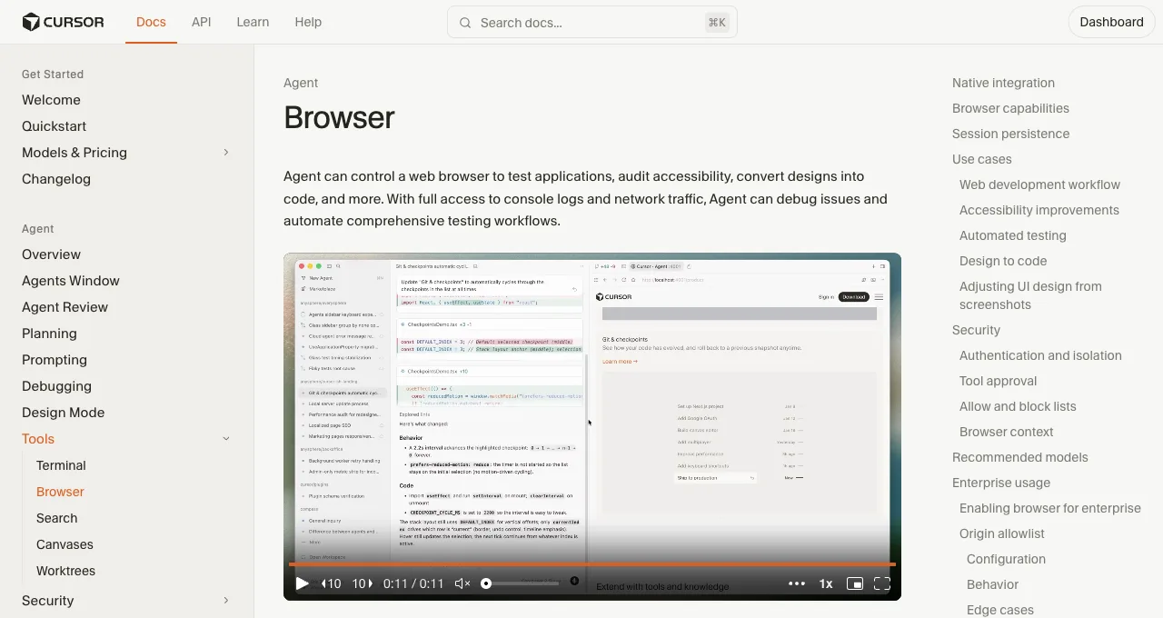 Cursor's official Browser documentation describing an agent that controls a web browser to test applications, audit accessibility, and convert designs to code, with console and network access