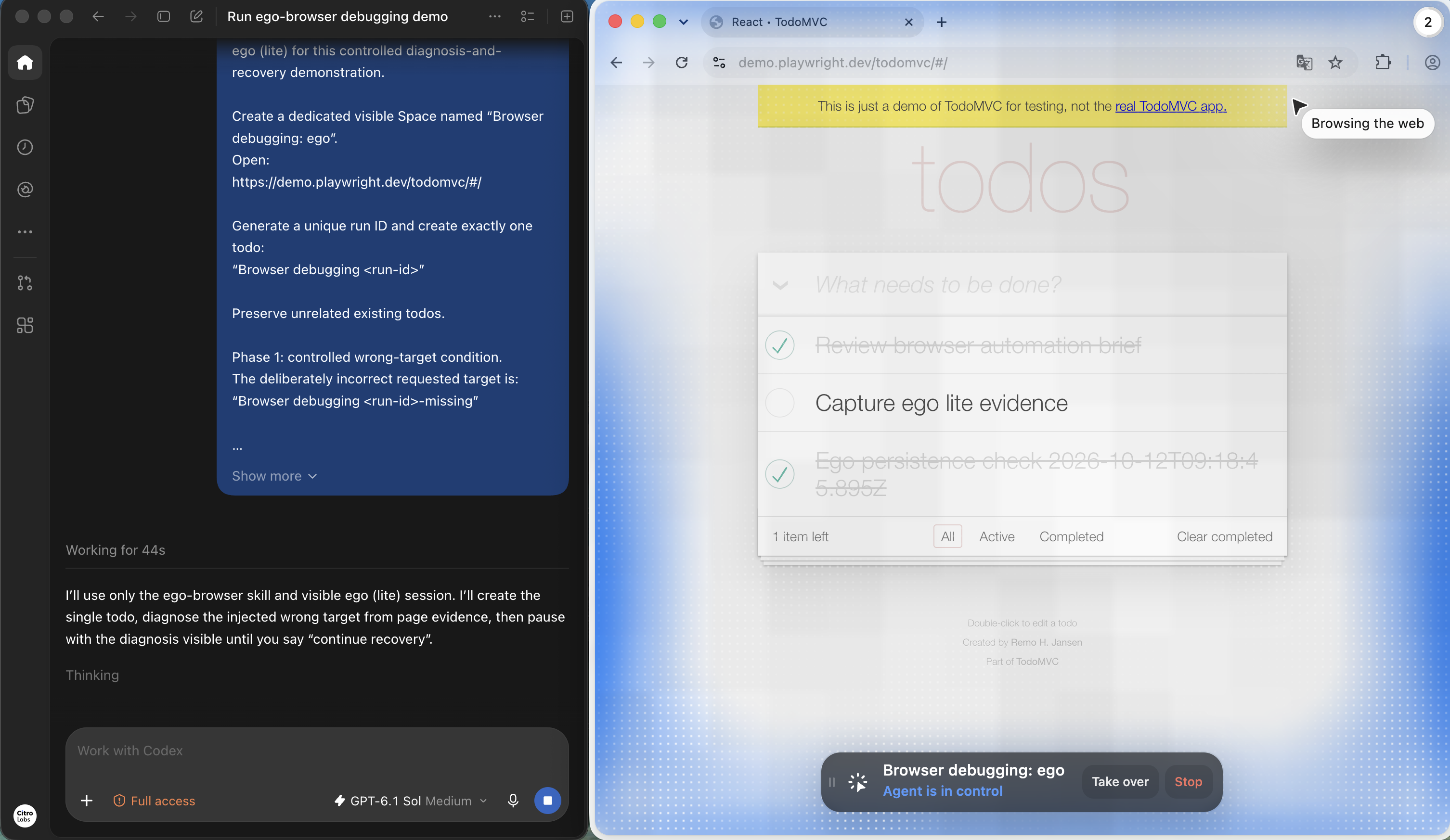 Codex debugging prompt beside the live Browser debugging ego Space and native agent controls
