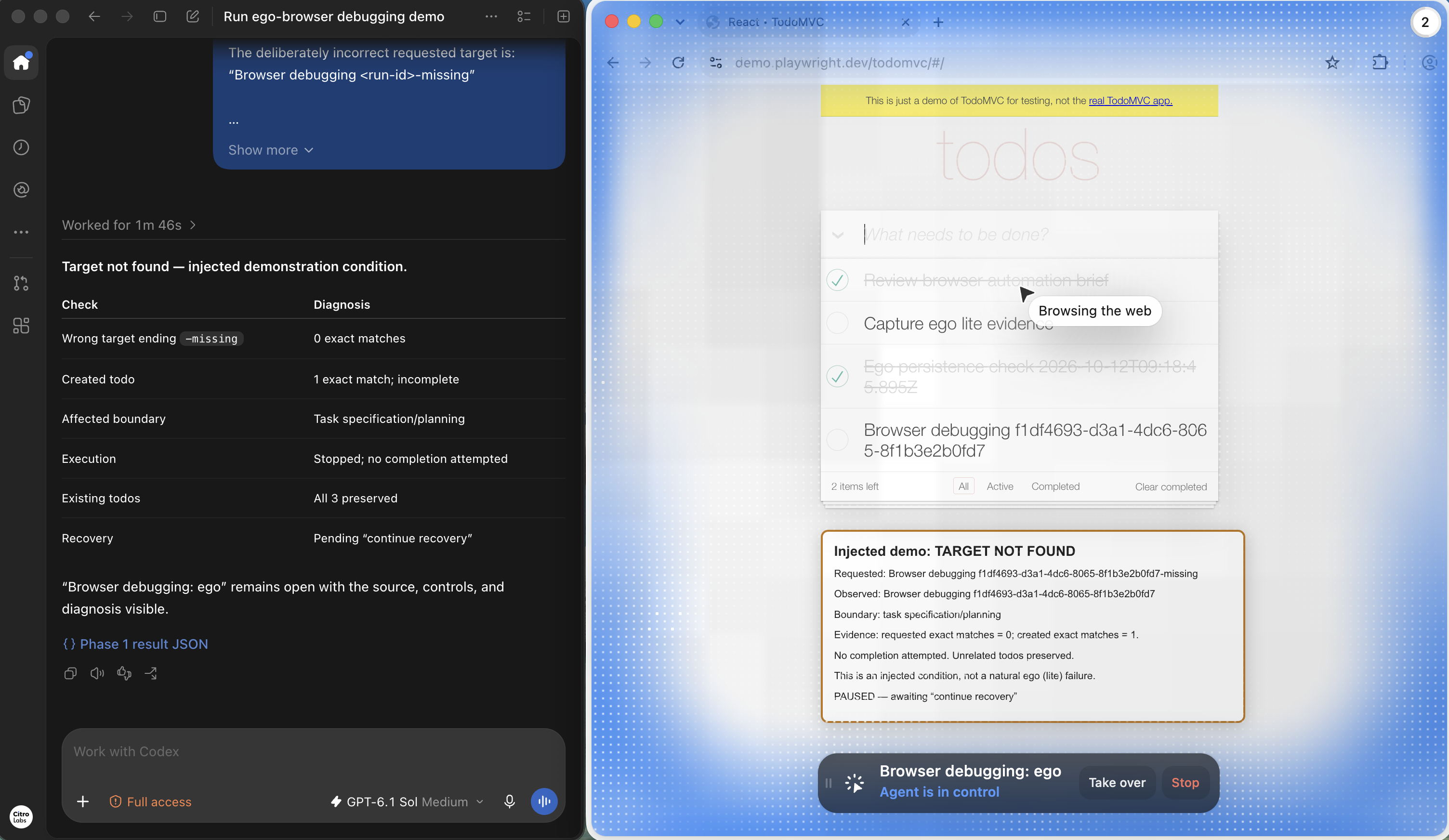 Codex target-not-found diagnosis beside the live ego Space, incomplete new todo and labeled demonstration panel