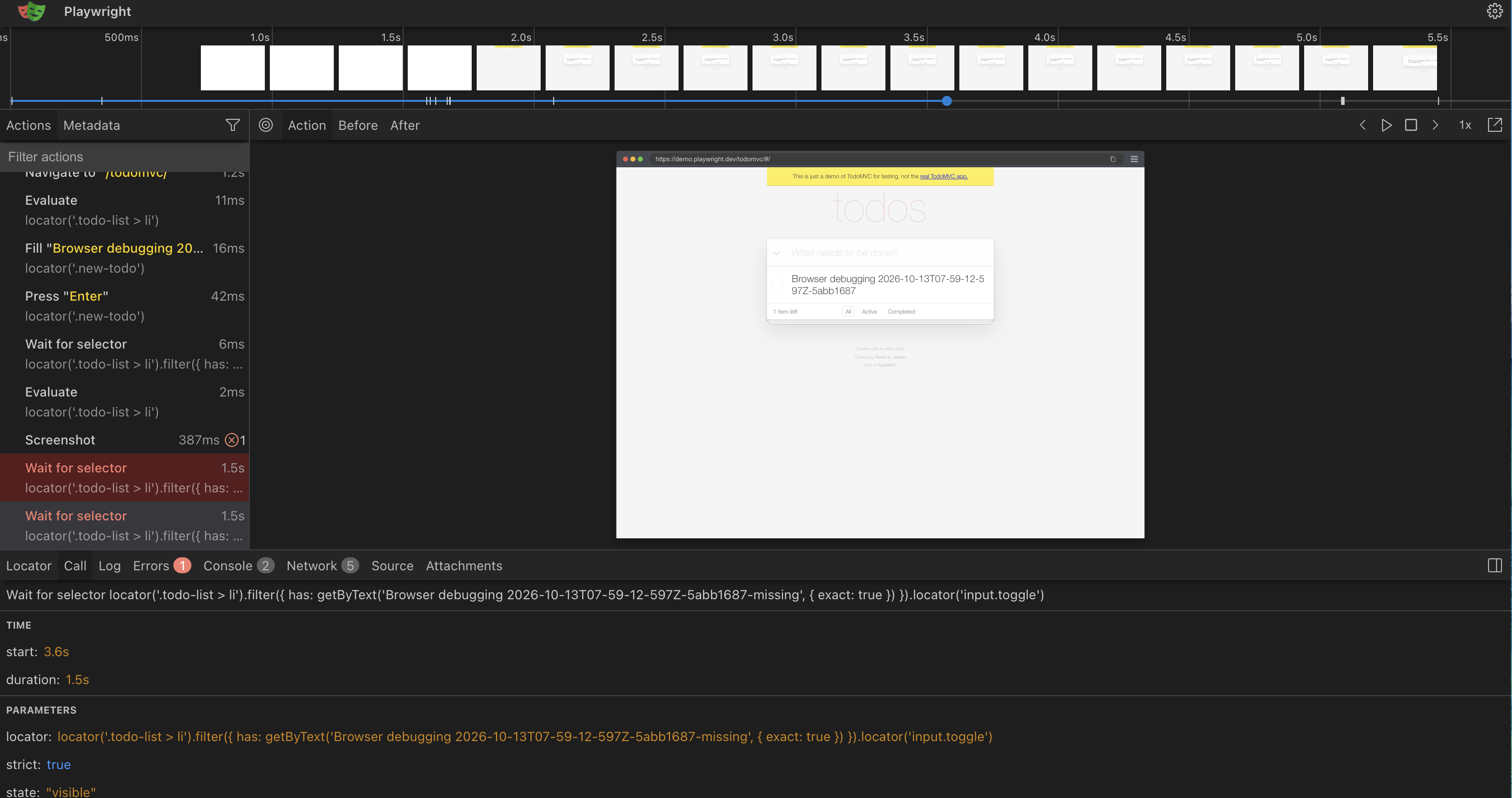 Playwright Trace Viewer showing two bounded waits for the absent exact todo target