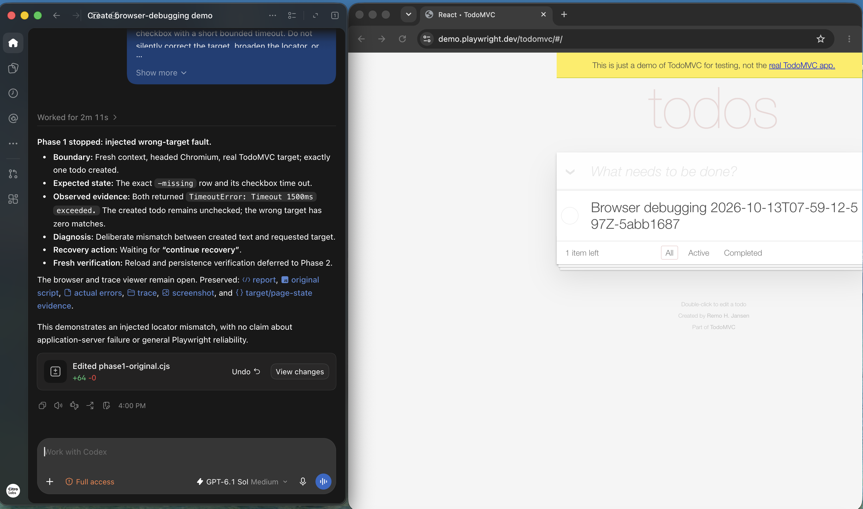Codex diagnosis beside headed Chromium with an incomplete TodoMVC item