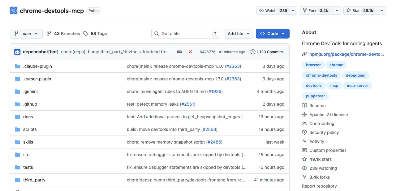 The ChromeDevTools/chrome-devtools-mcp GitHub repository, open source under Apache-2.0 with 49.1k stars