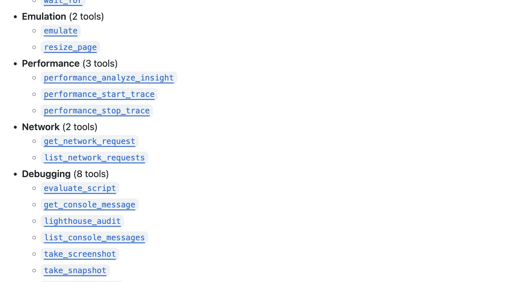 Chrome DevTools MCP readme tool list showing Performance, Network, Emulation, and Debugging tool categories
