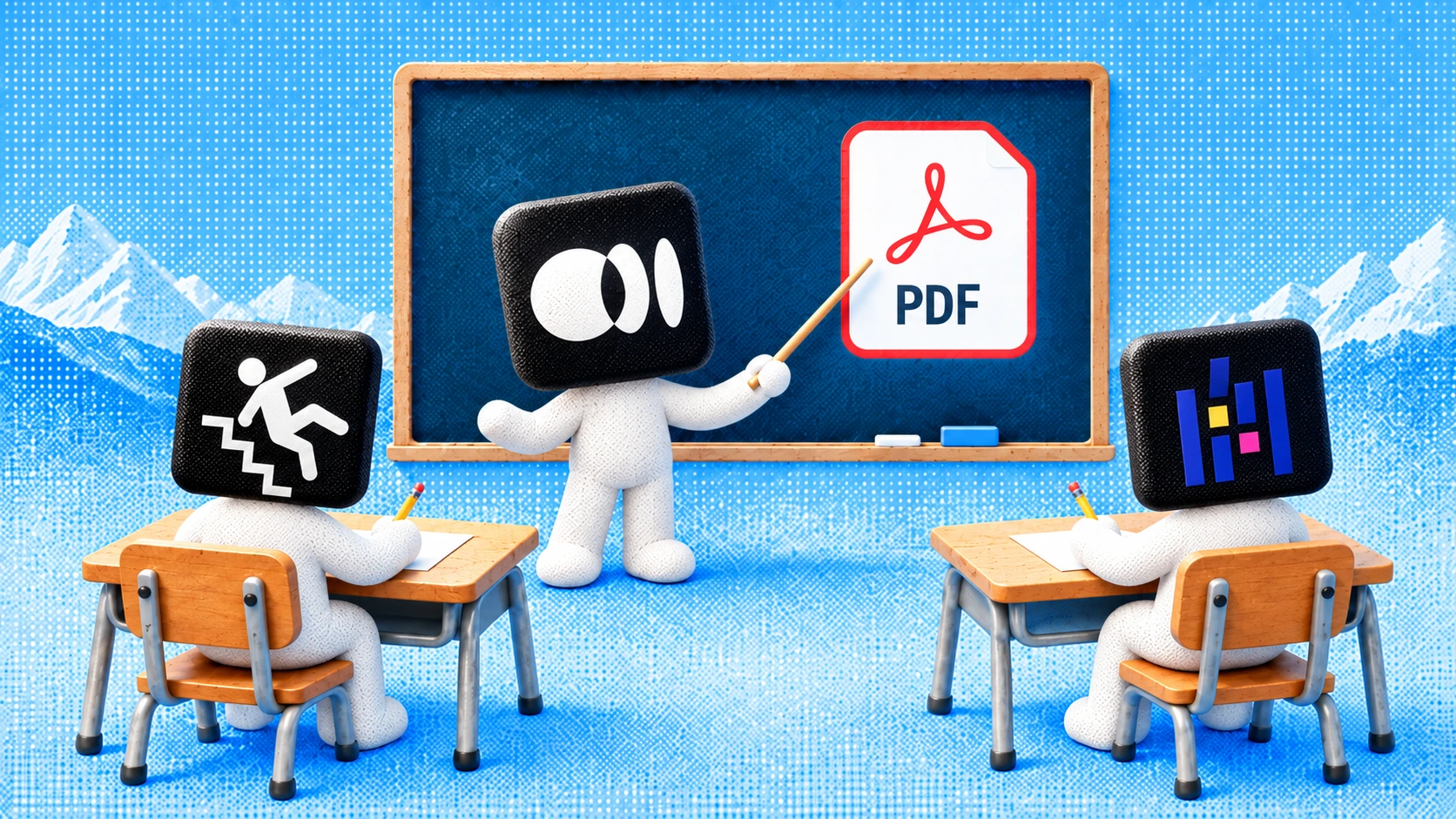 An ego (lite) character teaching PDF extraction to pdfplumber and pandas characters in a blue classroom