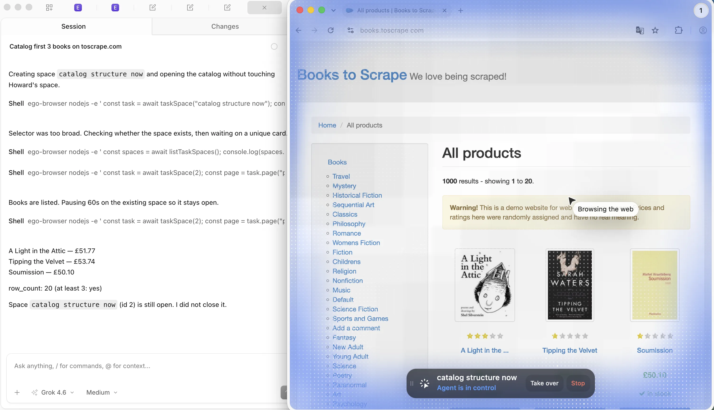 OpenCode beside an ego (lite) Space on books.toscrape.com with Agent is in control, Take over, and Stop, showing the first three book cards and prices