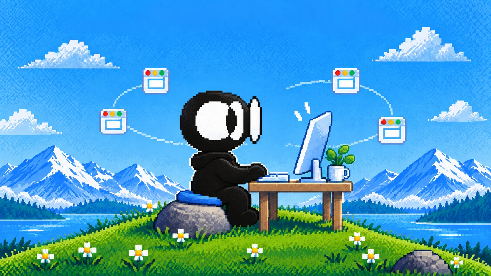 The ego (lite) mascot working at a computer beside a mountain lake
