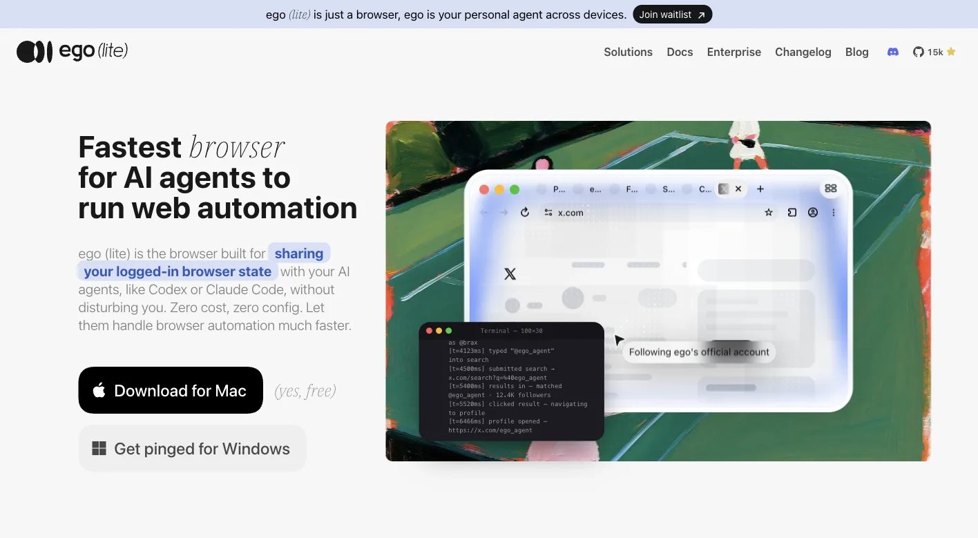 ego lite homepage showing a local browser that shares logged-in browser state with AI agents