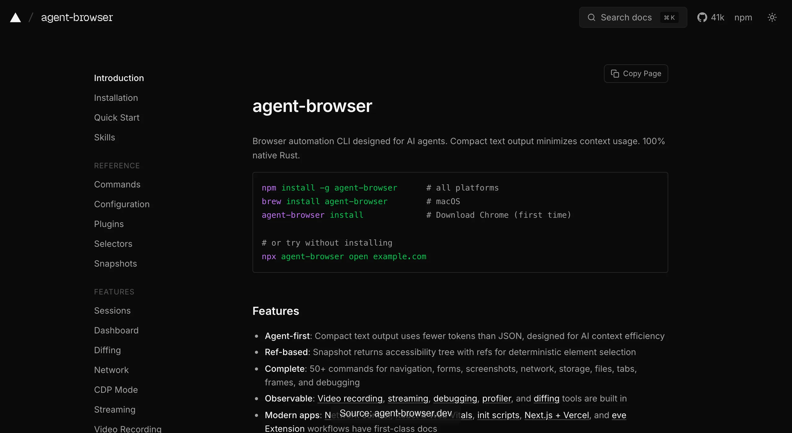 agent-browser's docs opening with real install and run commands: npm install -g agent-browser, then npx agent-browser open example.com