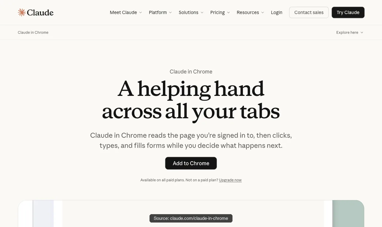 Anthropic's Claude in Chrome page: reads the page you're signed in to, then clicks, types, and fills forms
