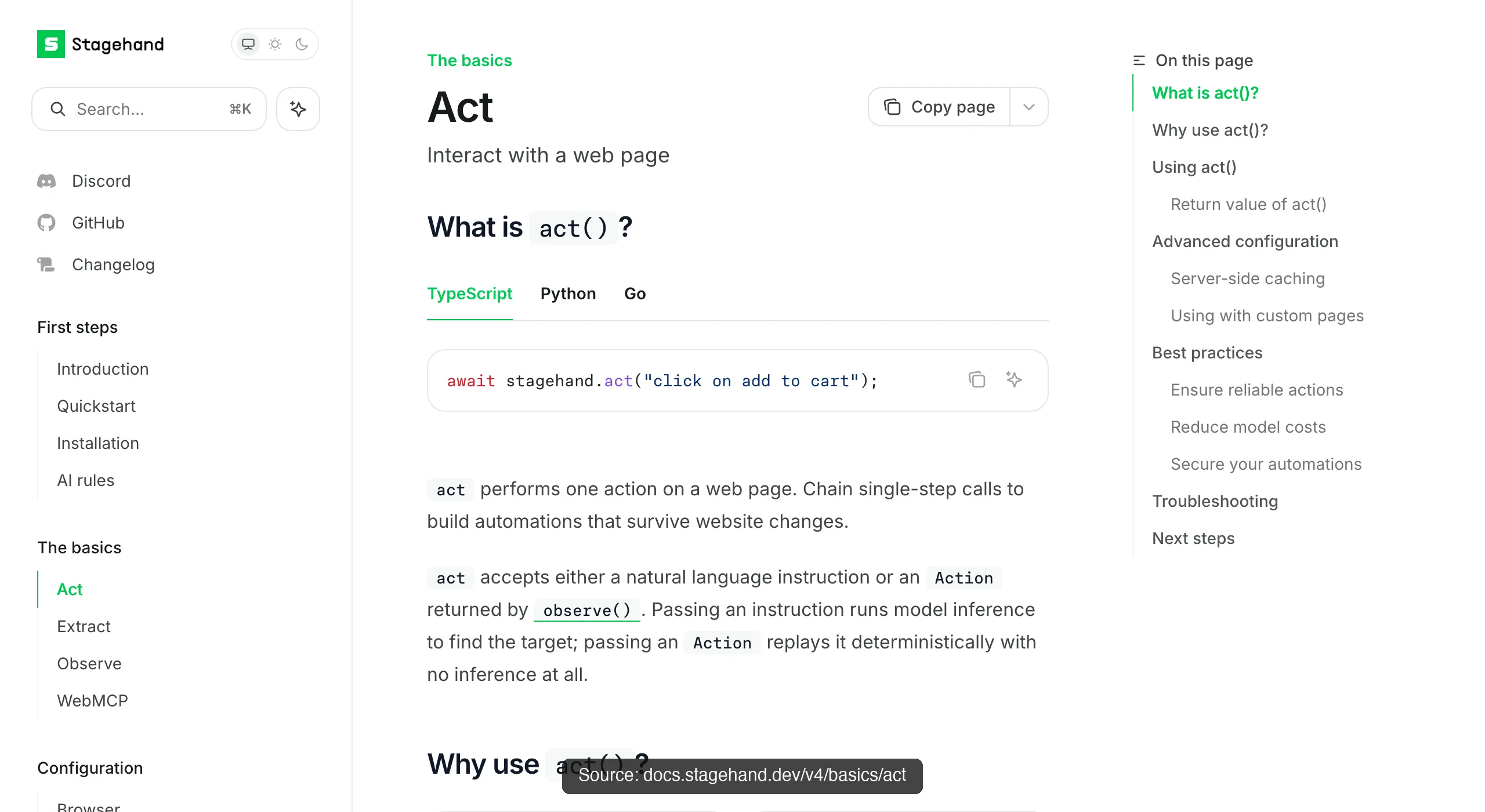 Stagehand's act() documentation: a one-line natural-language action call, await stagehand.act, with add to cart as the instruction