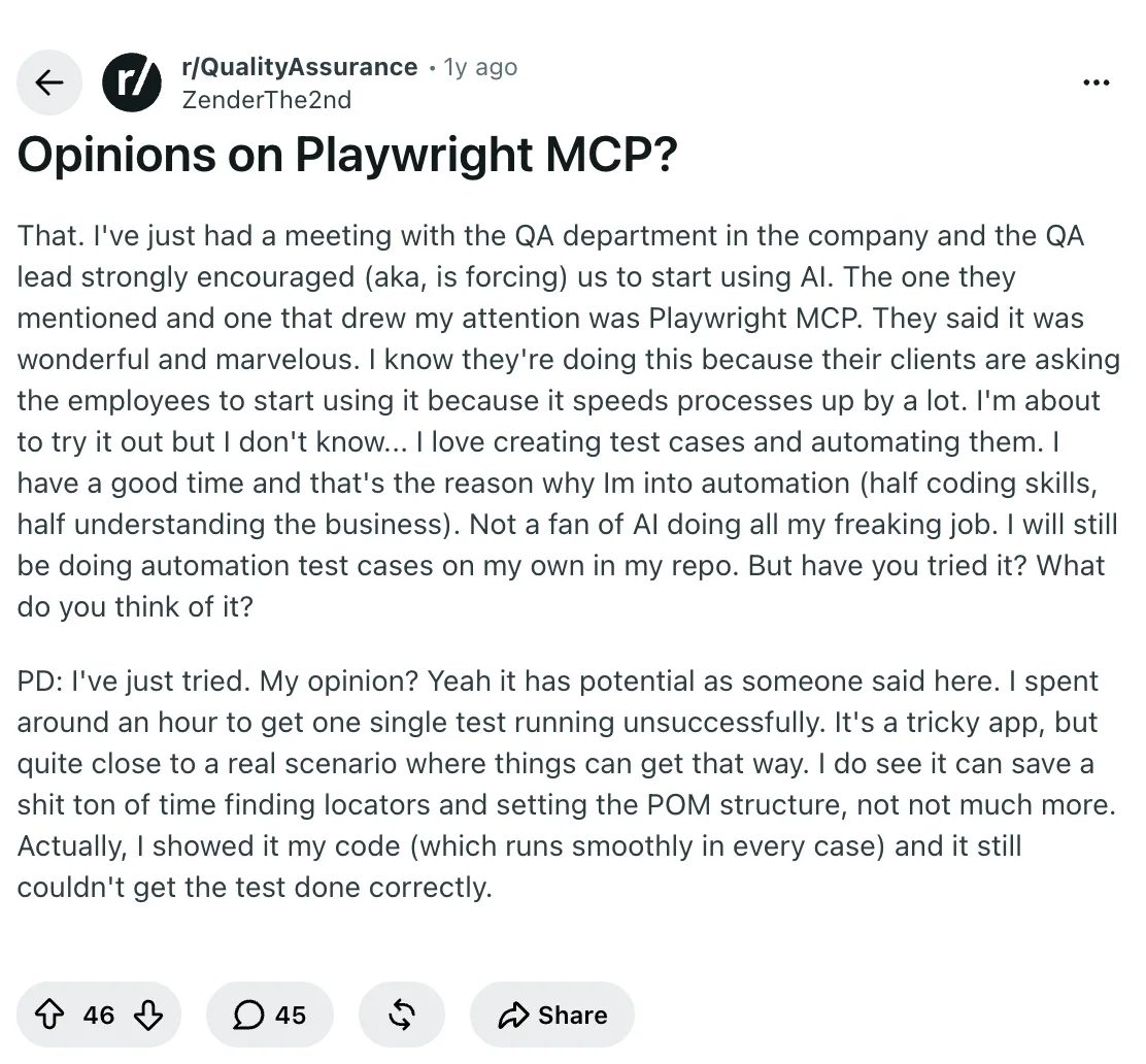 Reddit post on r/QualityAssurance titled Opinions on Playwright MCP, where a QA engineer describes spending an hour failing to get one test running