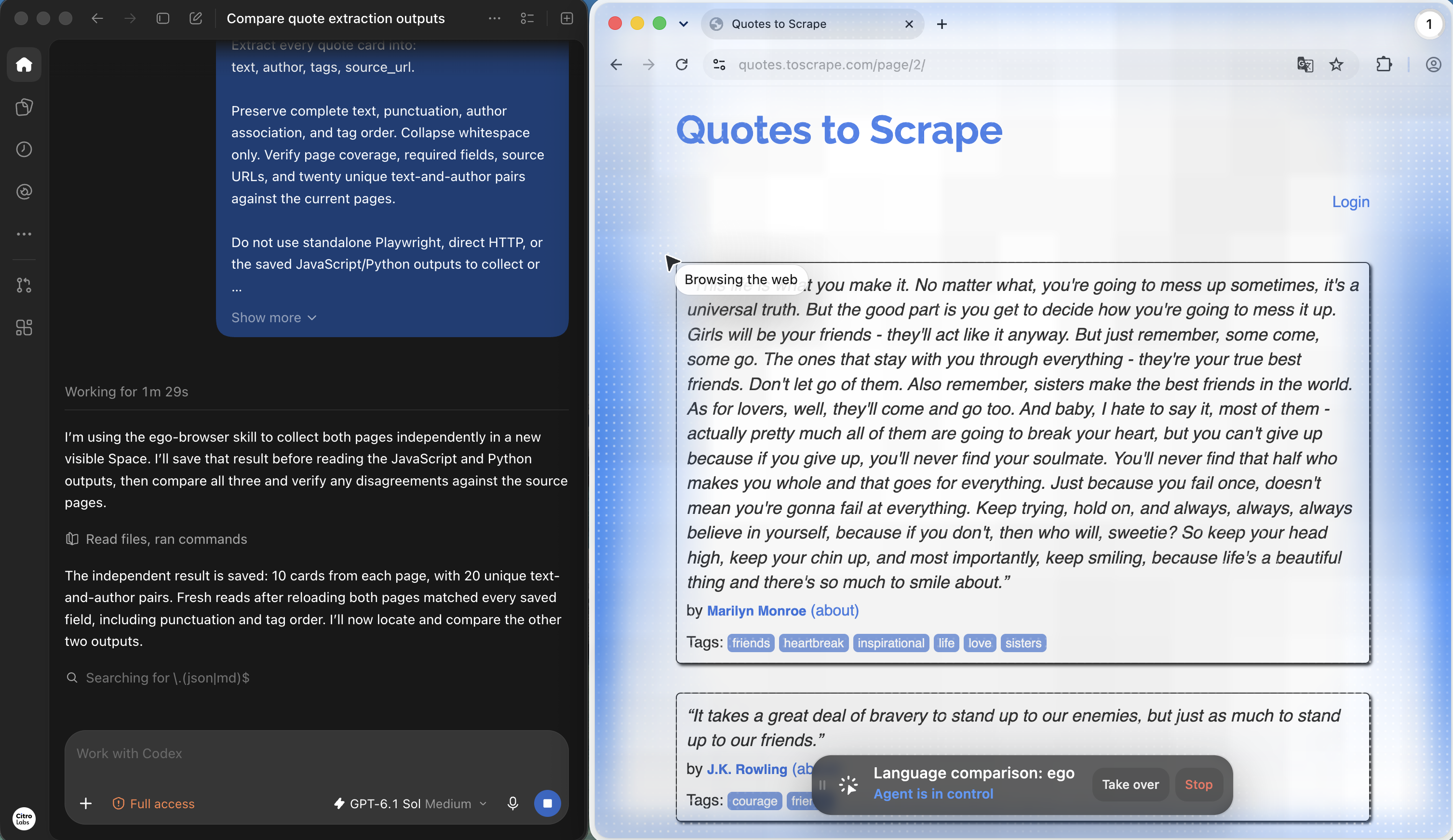 Codex prompt and extraction trace beside the live Language comparison ego Space with agent controls
