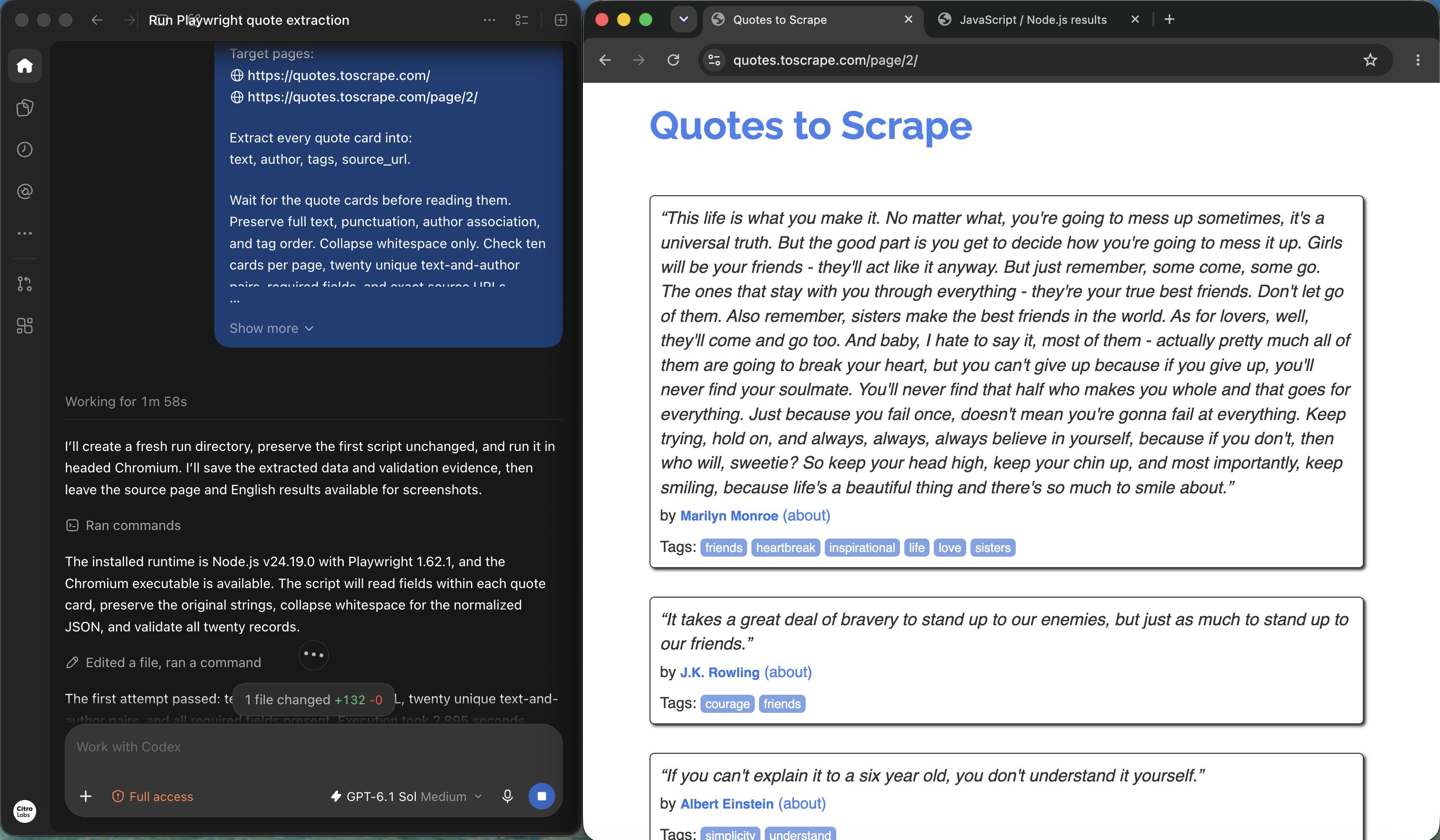 JavaScript extraction prompt and execution trace beside page two in headed Chromium