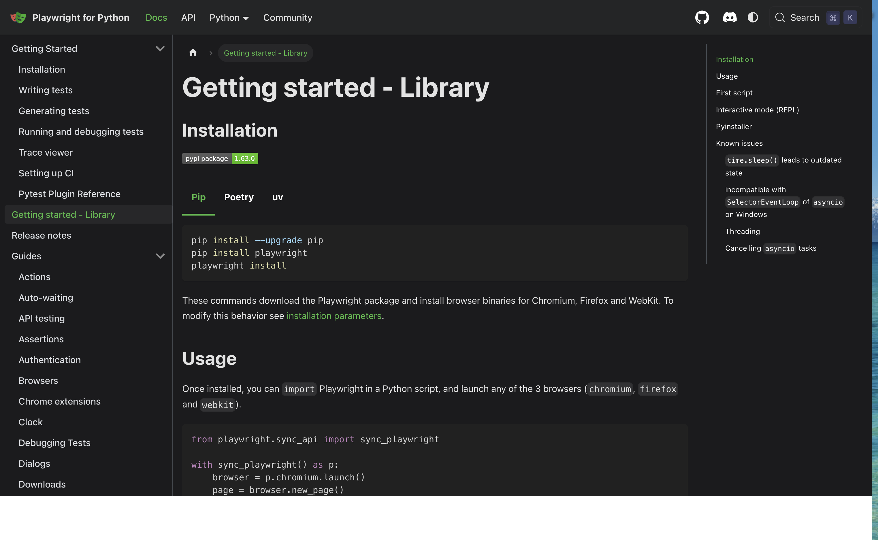 Playwright for Python documentation showing library installation and usage