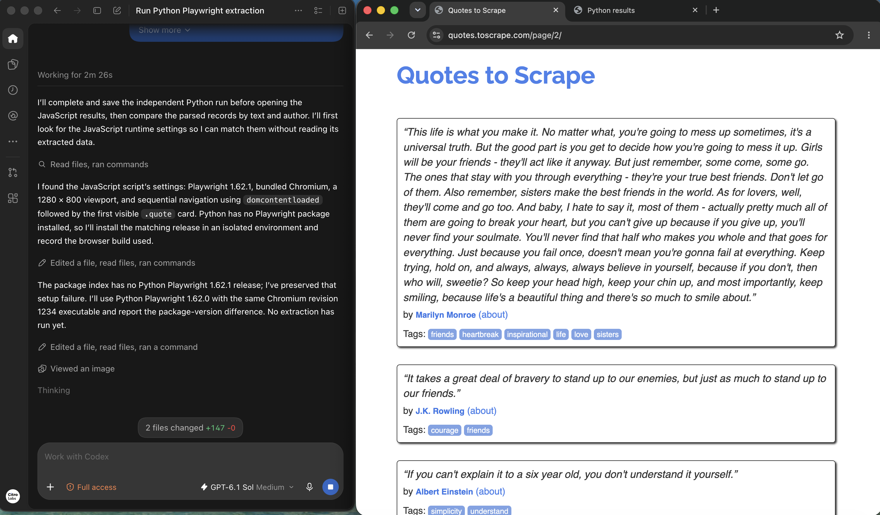 Python Playwright setup and extraction trace beside the same page-two quote