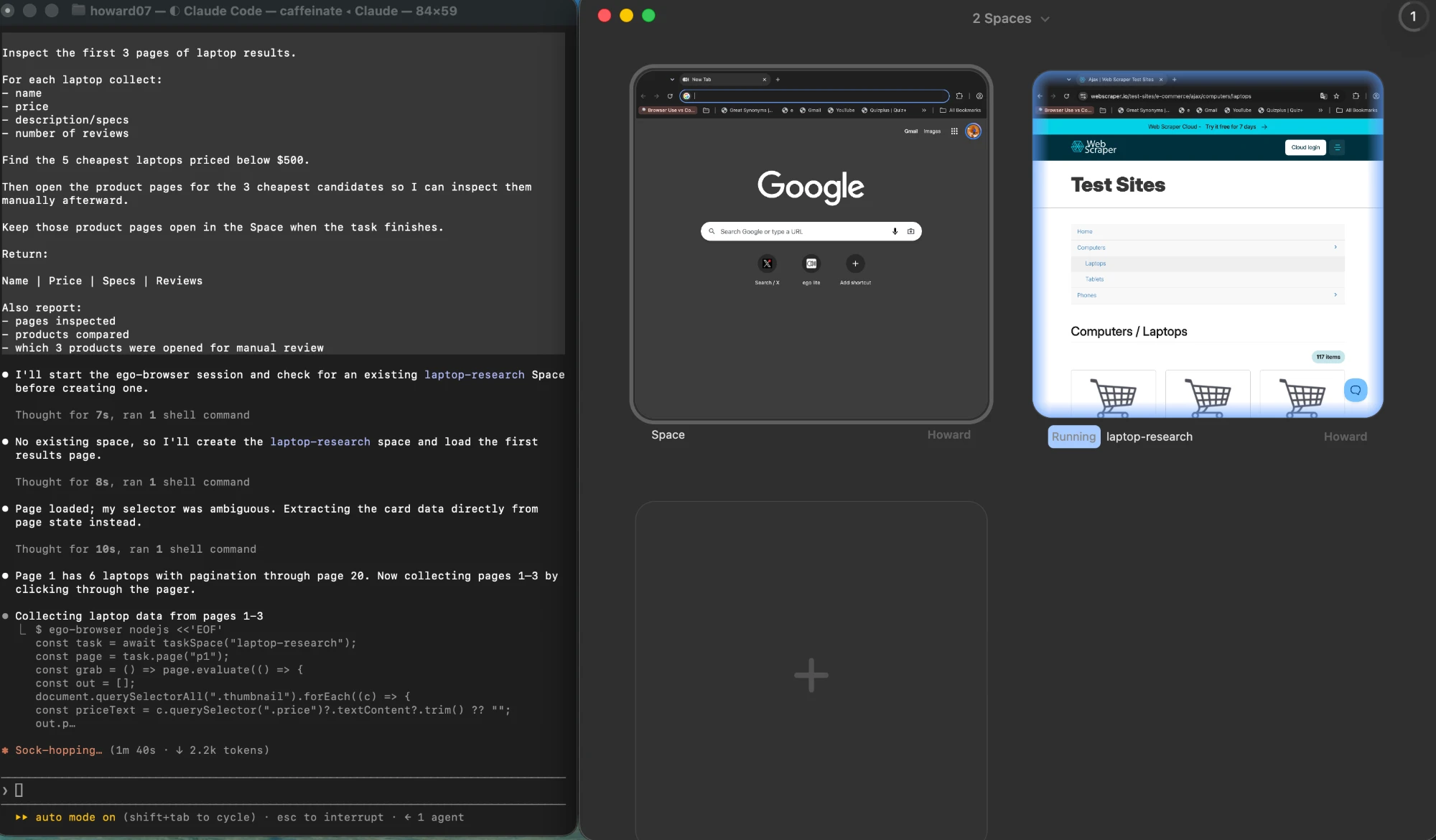 Un Space de ego (lite) llamado laptop-research abierto junto al catálogo de portátiles de webscraper.io que scrapea esta guía