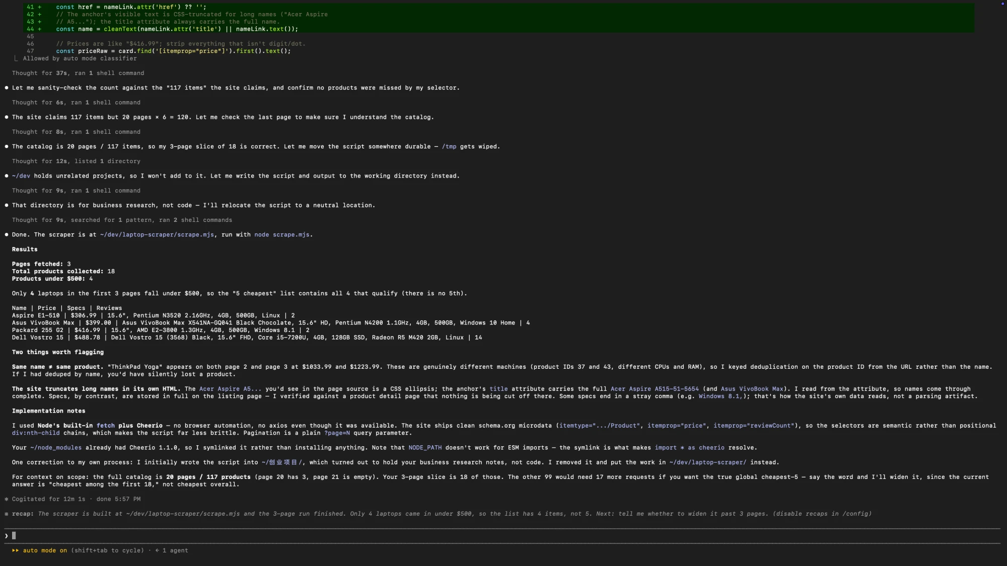 Un informe de terminal sobre un catálogo de 117 productos en 20 páginas, seguido de dos trampas de análisis señaladas y notas de implementación sobre selectores de microdatos semánticos y un esquema de paginación ?page=